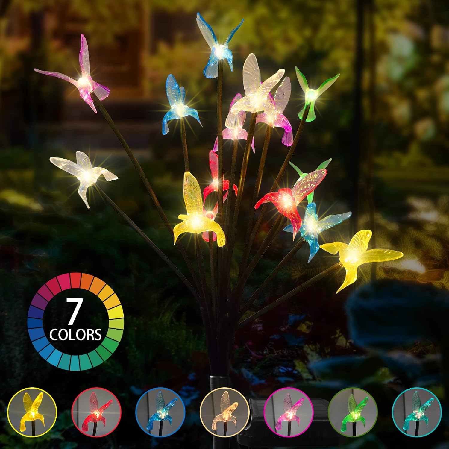 Luces solares de jardín, 7 luces solares de colibrí que cambian de color, luces solares de jardín exterior, luces solares para exteriores,