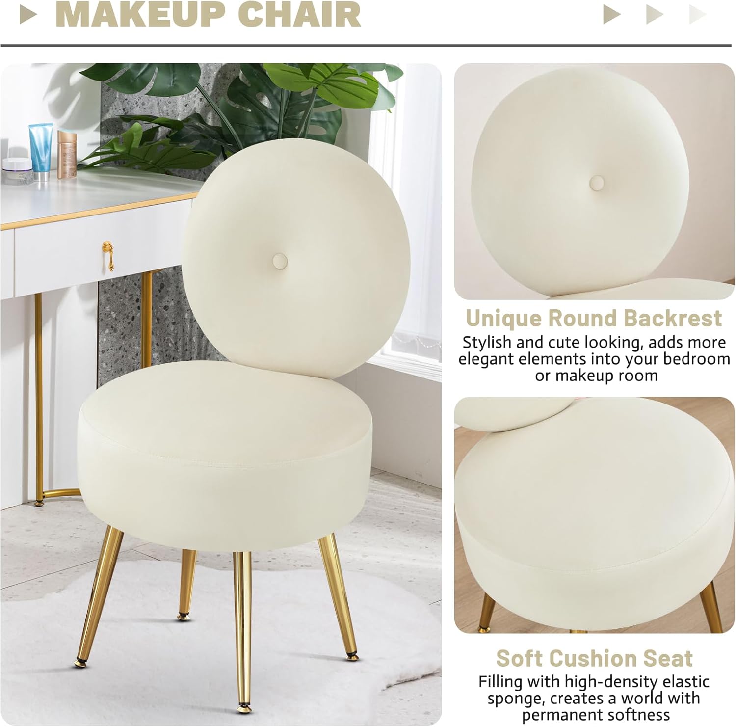 Furniliving Silla de tocador sin brazos para sala de maquillaje, taburete de tocador de terciopelo con respaldo, silla de sala de estar con patas de