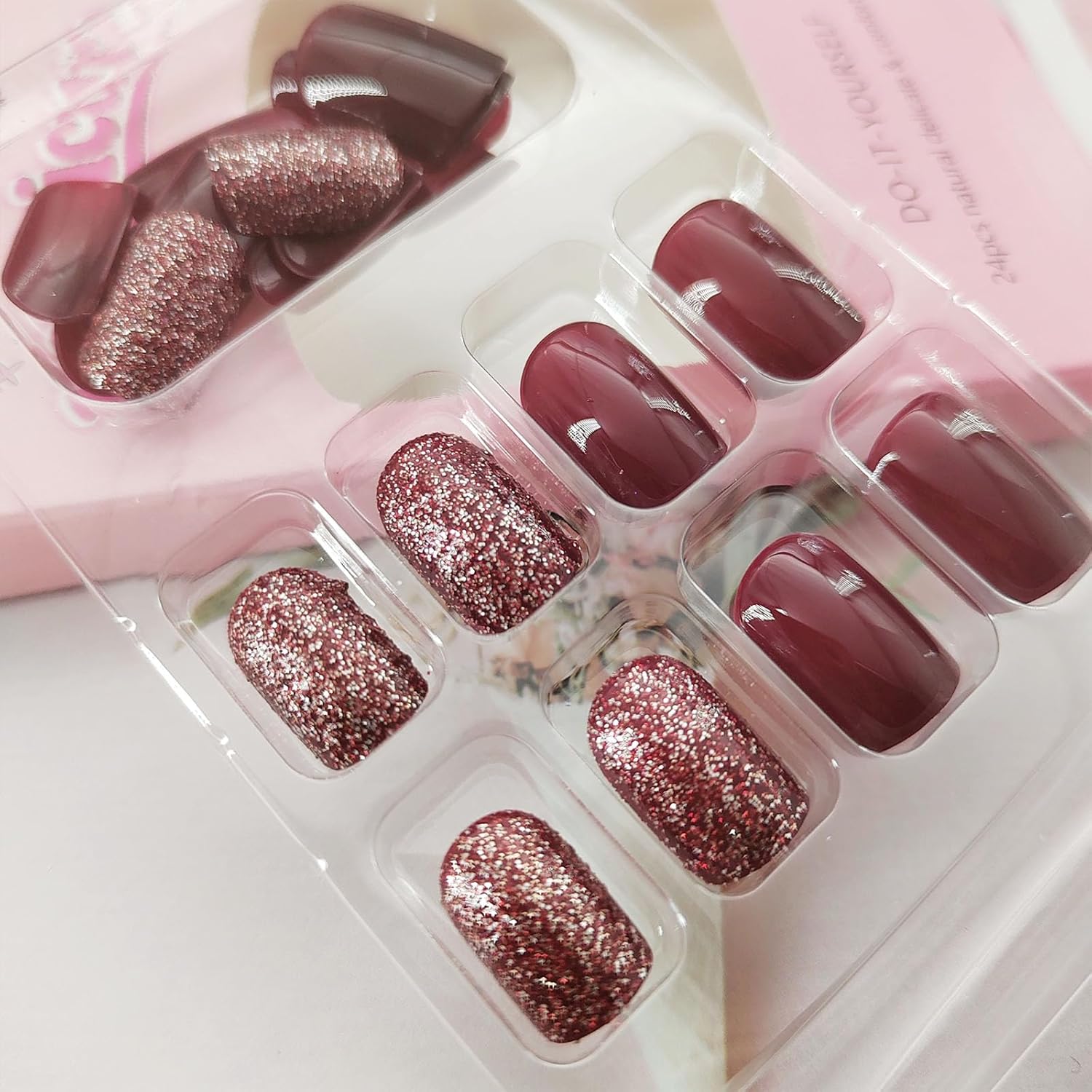 TUZADNW – Uñas postizas cortas cuadradas a presión color burdeos, uñas postizas cortas de acrílico, uñas postizas cortas a presión, cobertura