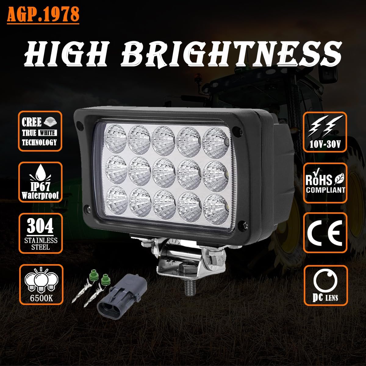 AGP.1978 Luz de trabajo LED de 45 W, luz de inundación LED trasera de 6 pulgadas, ultra brillo, rectangular, 12 V, cabina LED, luz antiniebla