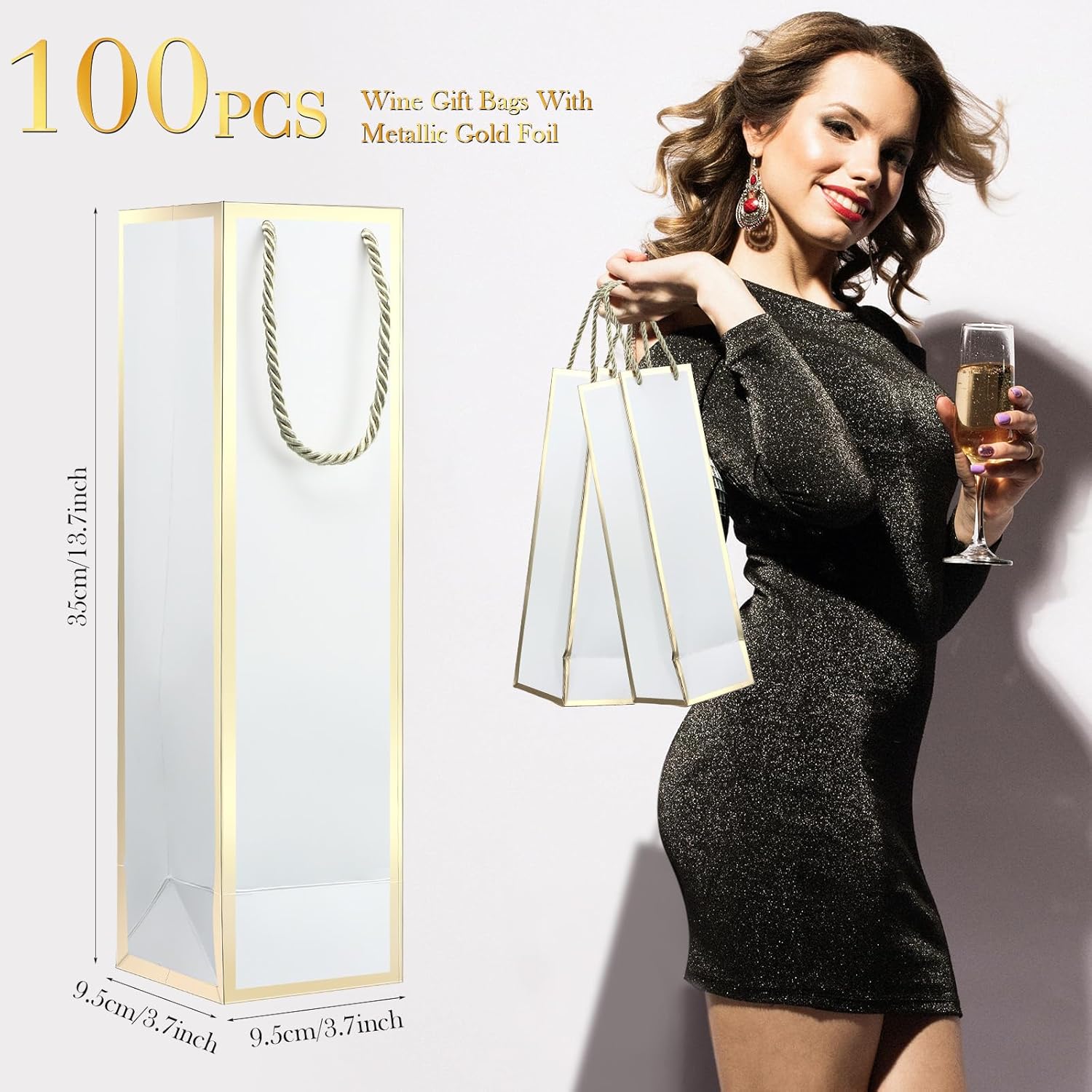 Outus 100 bolsas de regalo de vino, bolsas de botellas de vino con asas de 13.8 x 3.8 x 3.8 pulgadas, elegantes bolsas de papel kraft de licor y