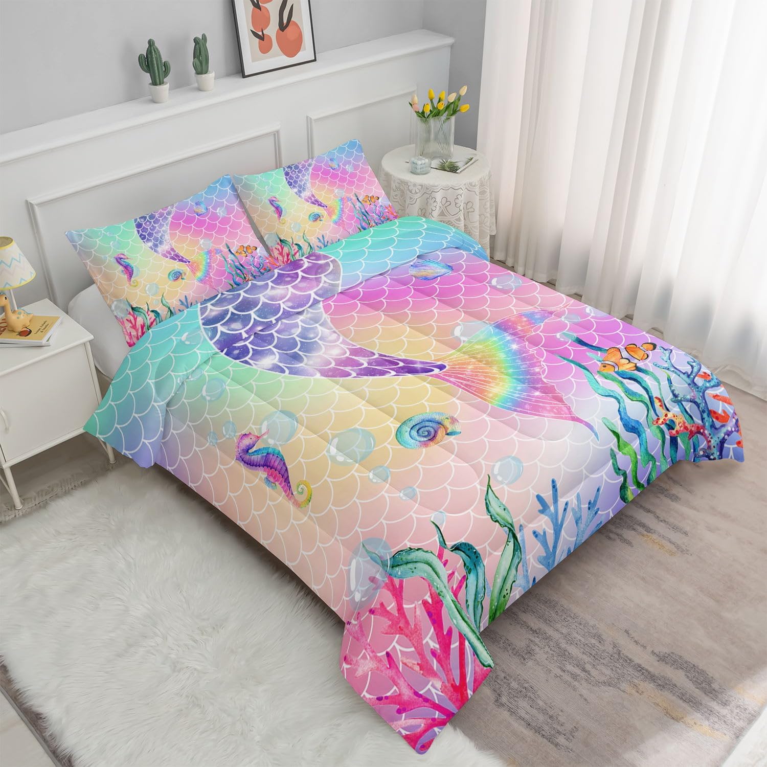 Datura home Juego de edredón de cama con estampado de cola de sirena rosa arcoíris con 1 y 2 fundas de almohada para dormitorio de niñas para todas