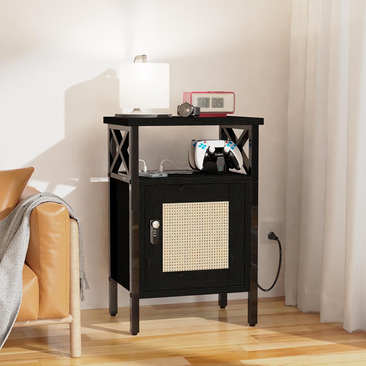 Mesita de noche de ratán con cerradura, mesa auxiliar con puerta y estante abierto, moderna mesita de noche de madera para dormitorio, sala de