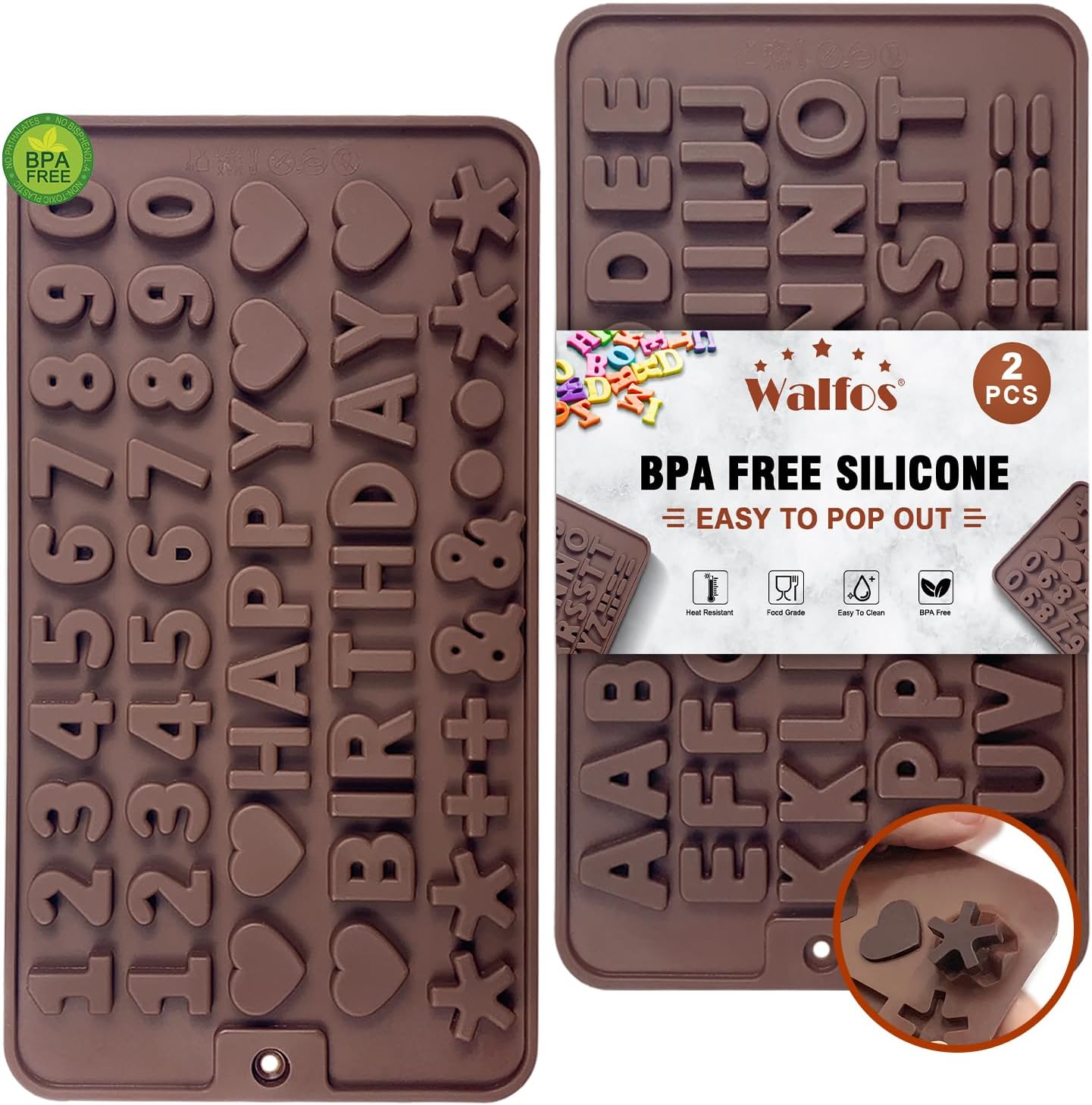 Walfos Molde de silicona para letras y números de chocolate, molde antiadherente para chocolate, hecho de silicona de grado alimenticio, sin BPA,