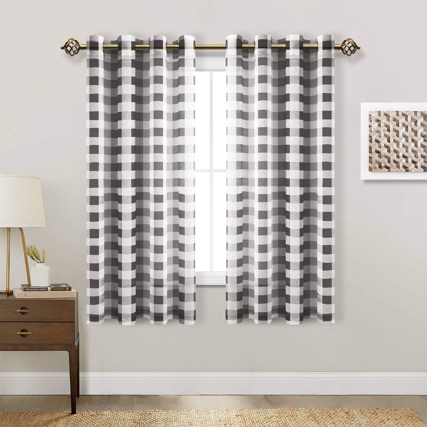 Hiasan – Cortinas transparentes con diseño a cuadros para sala de estar y dormitorio