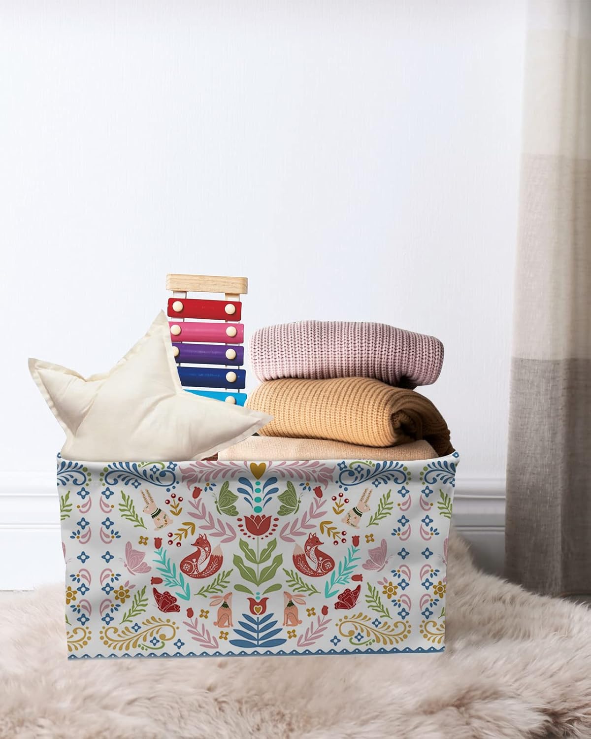Boho Flowers Storage Basket for Organizing Shelves, Collapsible Storage Bins Boxes with Handle, Colorful Botanical Butterfly Modern Blue Abstract