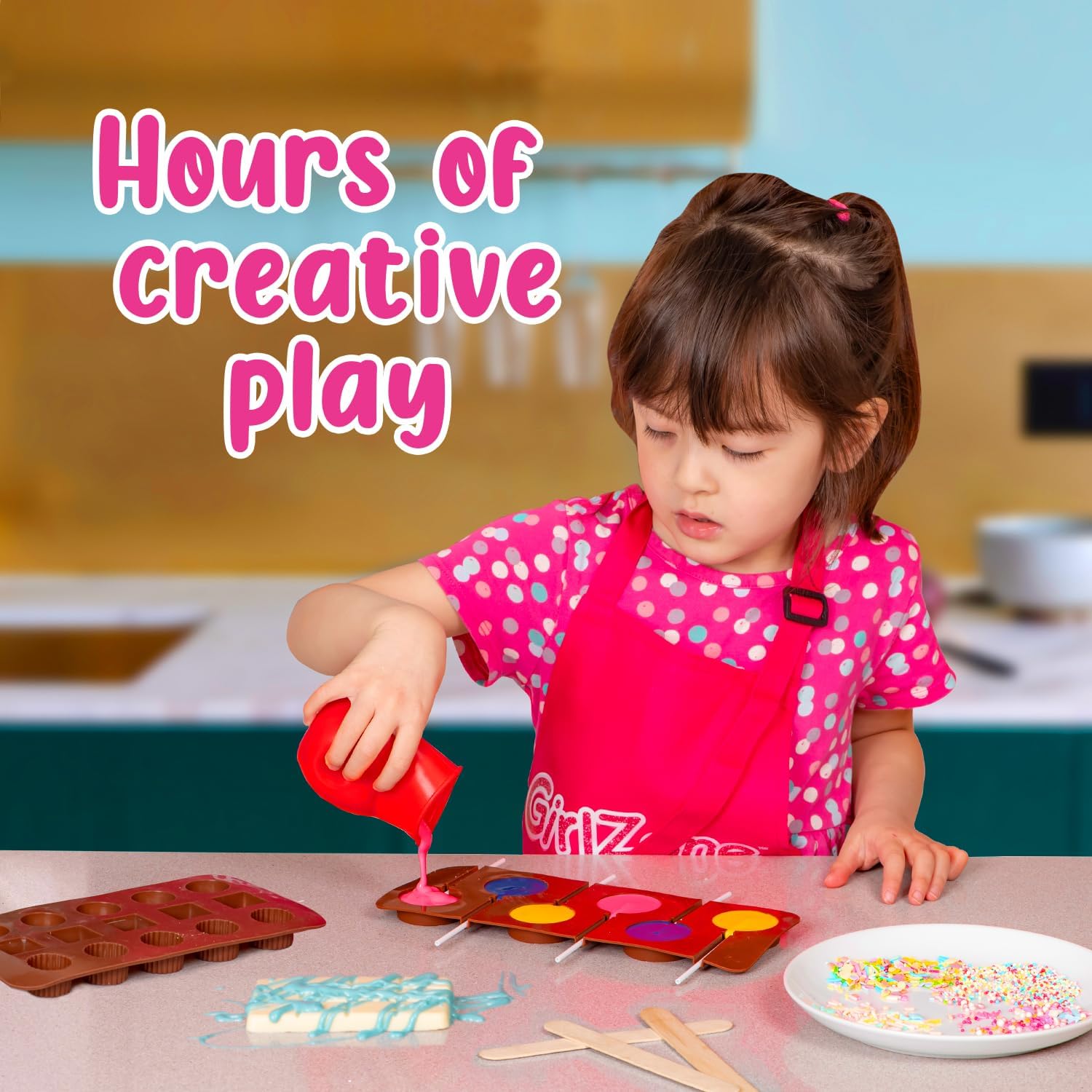 GirlZone Little Choco Delights – Kit de fabricación de chocolate con moldes de barra de caramelo, palitos de Lolly, envoltorios para barra de