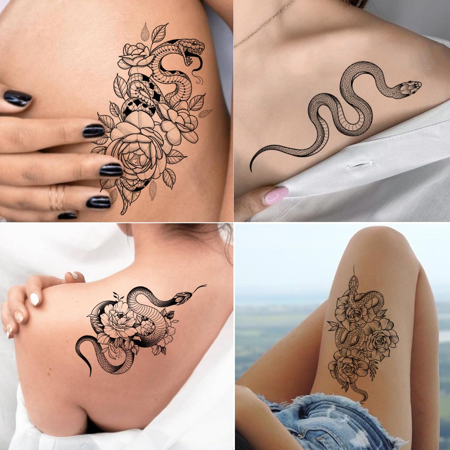 Tatuajes temporales de serpiente, 12 hojas 3D negras realistas de serpiente, rosa, tatuajes florales, calcomanías grandes y sexys de serpiente,