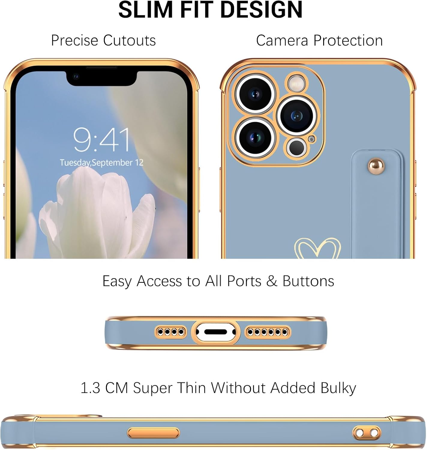 BENTOBEN Funda para teléfono iPhone 13 Pro Max, con correa ajustable con bonito corazón, soporte de soporte, a prueba de golpes, protección de TPU