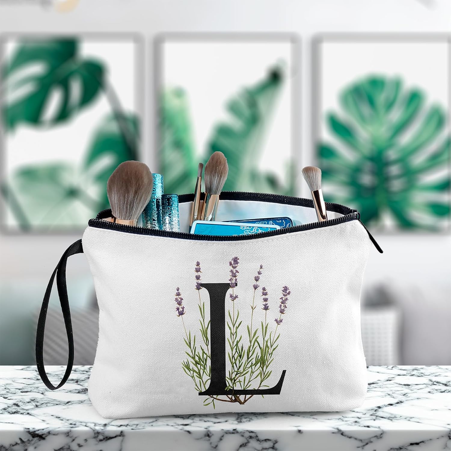 Bolsas con letras iniciales de flores para mujer, bolsa de maquillaje con inicial, bolsa de cosméticos con inicial, bolsa de maquillaje
