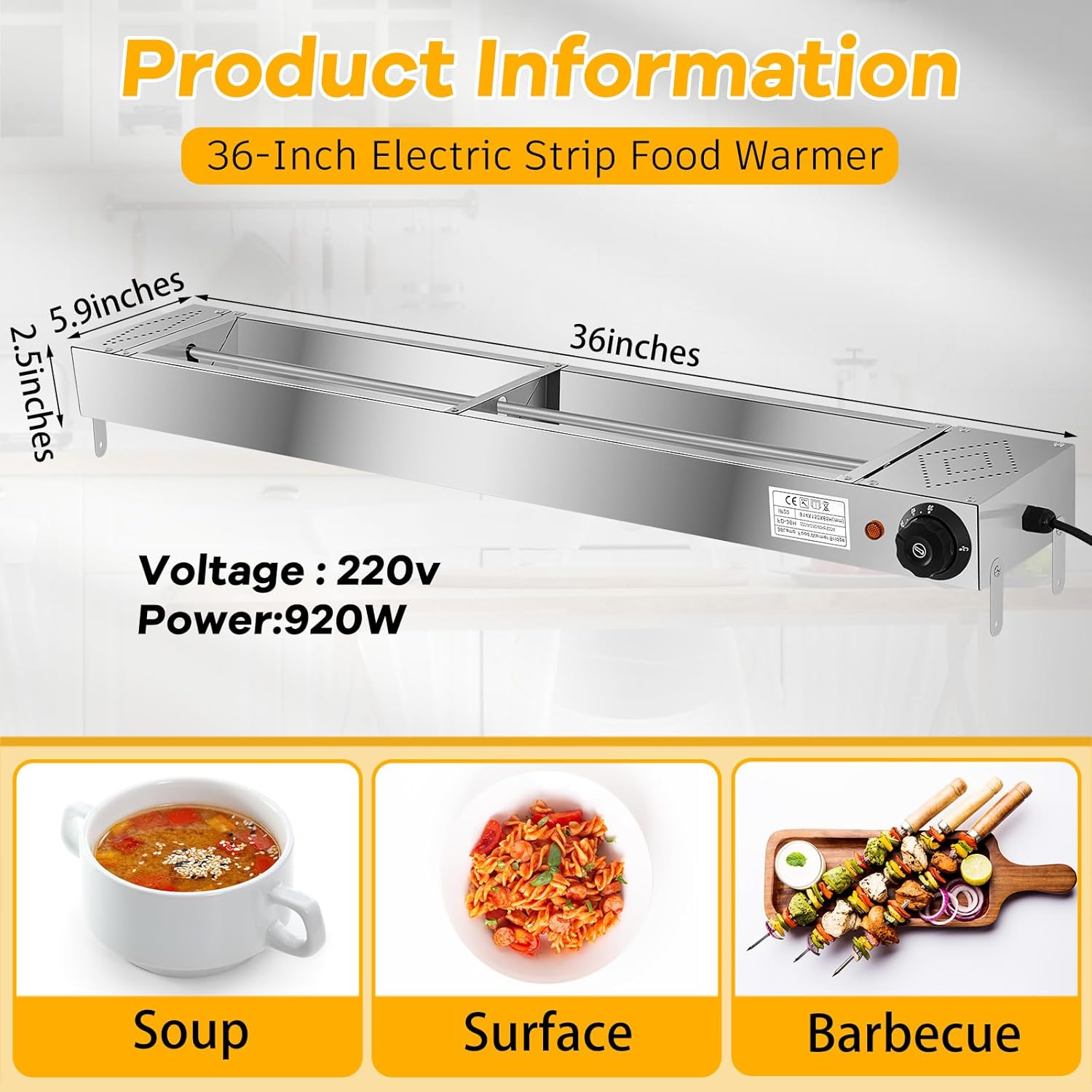 Calentador eléctrico de tira de alimentos de 36 pulgadas, lámpara de calor de alimentos para restaurante de 920 W, temperatura de 220 V, calentador