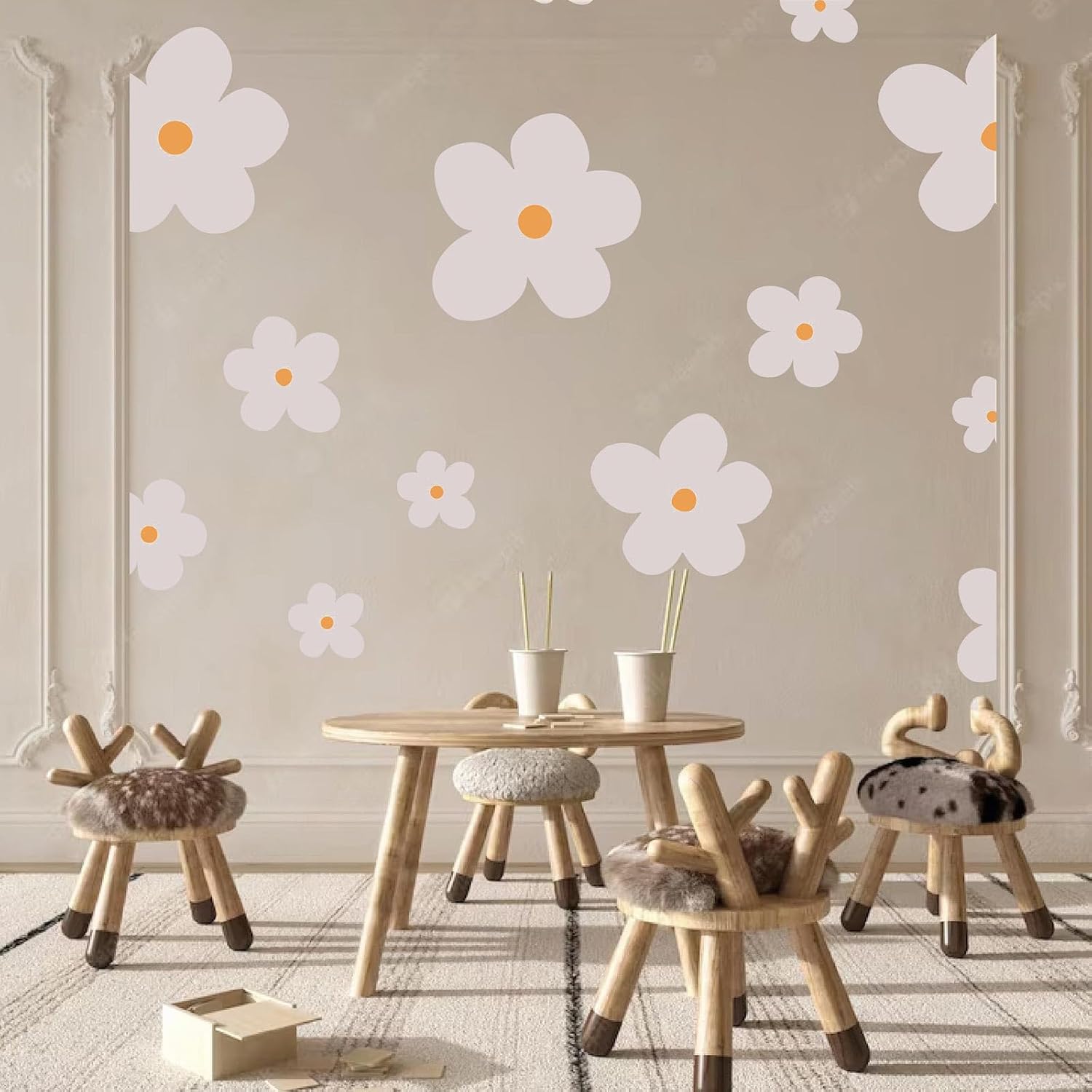 Whaline 28 calcomanías de pared de margaritas grandes, diseño de margaritas boho, beige, despegar y pegar, decoración de pared floral, vinilo para