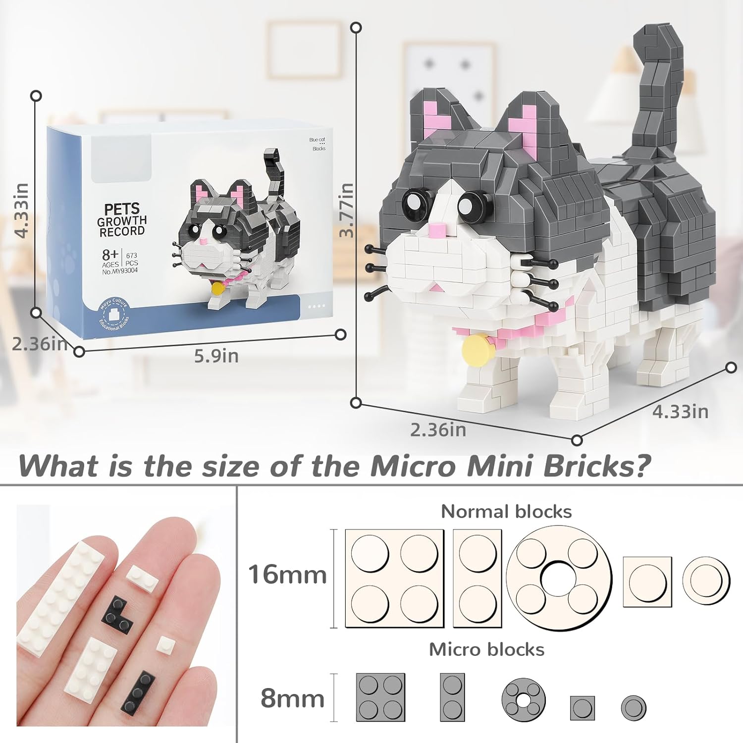 QLT – Kit de bloques de construcción de micromicrobloques de construcción con diseño de gato azul, juguetes de construcción para adultos, niños y