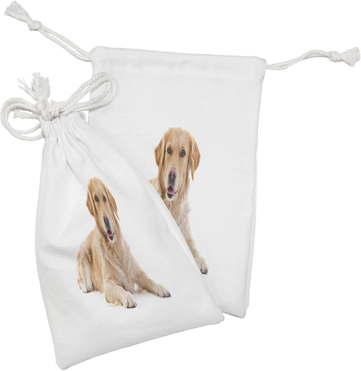 Ambesonne Golden Retriever Fabric Pouch Set of 2, Young Pedigree Puppy Laying over White Background Dog, Small Drawstring Bag for Toiletries Masks