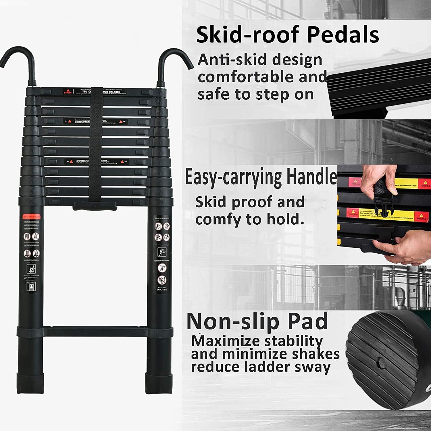 Escalera telescópica de aluminio de 12.5 pies con 2 ganchos desmontables, escalera plegable ligera portátil multiusos para exteriores, hogar,