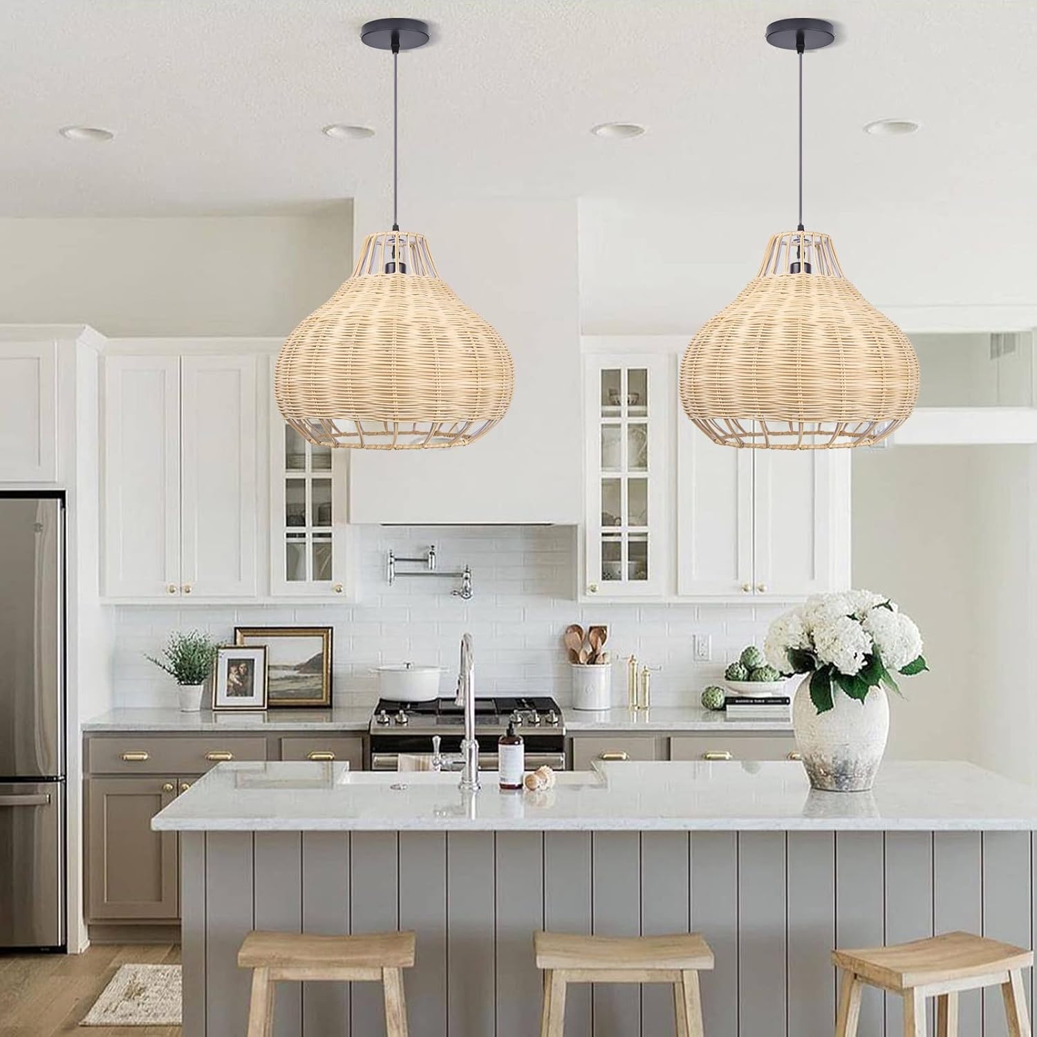 Arturesthome Lámpara colgante de 1 luz, luz colgante de ratán, lámpara de techo natural de mimbre para comedor, sala de estar