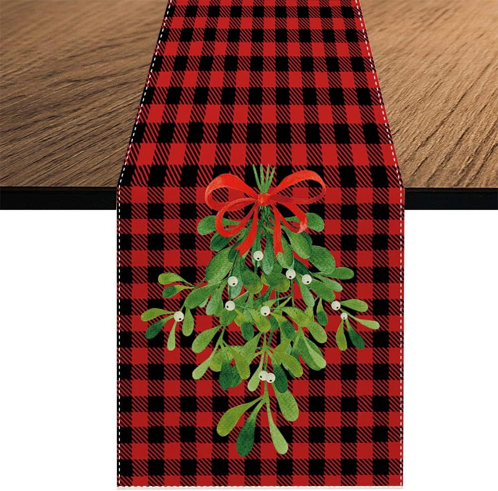 Camino de mesa navideño de muérdago y pino, búfalo a cuadros, mantel de temporada de invierno, Navidad, decoración de mesa de cocina, comedor para