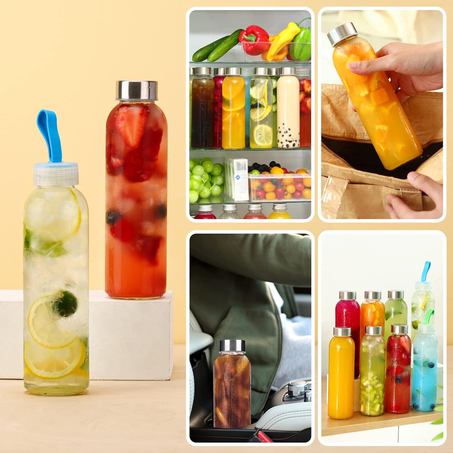 CUCUMI Botellas de jugo de vidrio de 18 onzas, 12 botellas de agua de vidrio con tapas de acero inoxidable, botellas de jugo reutilizables a granel