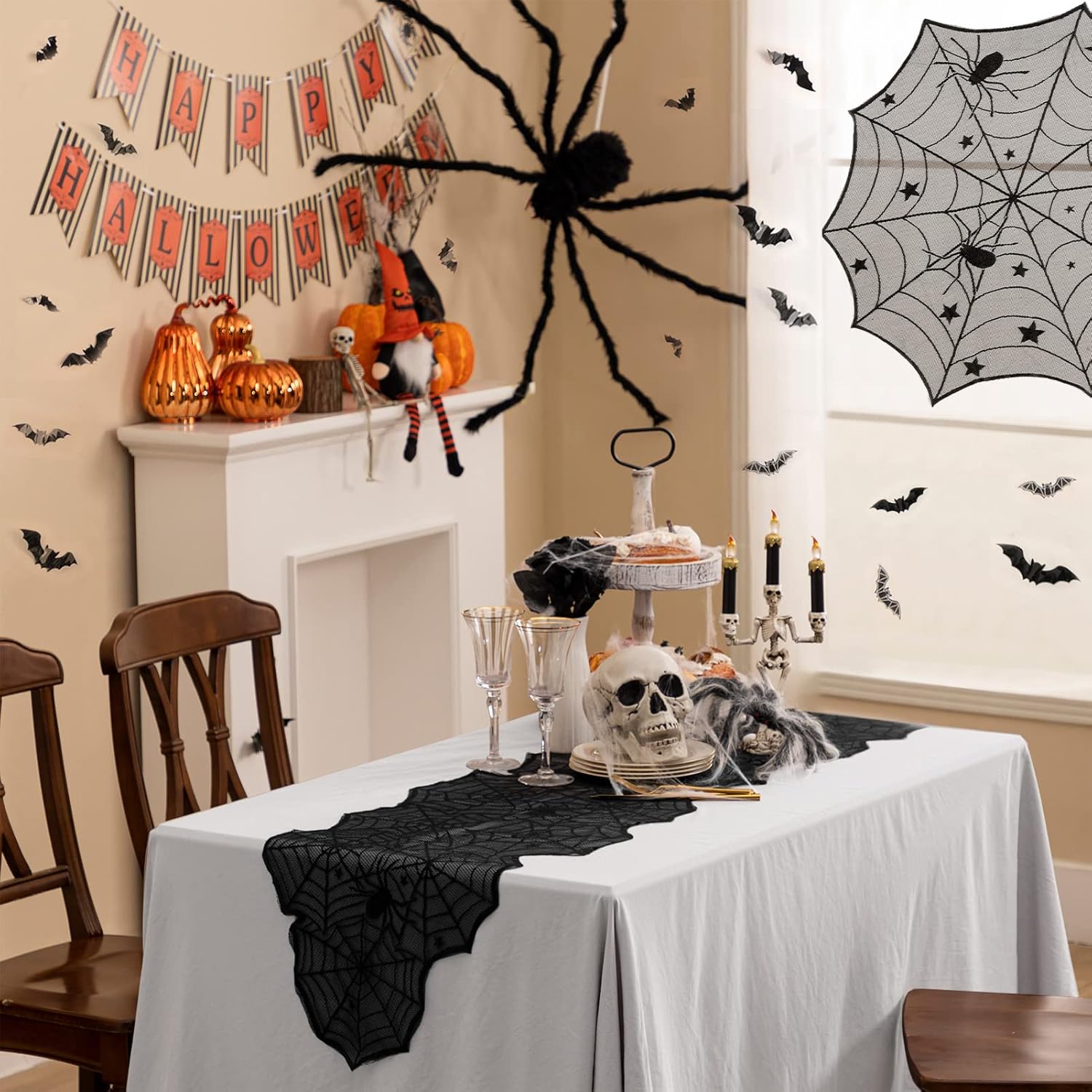 Paquete de 5 manteles de decoración de Halloween, camino de mesa de encaje negro, redondo, telaraña, mantel de chimenea, bufanda de telaraña,