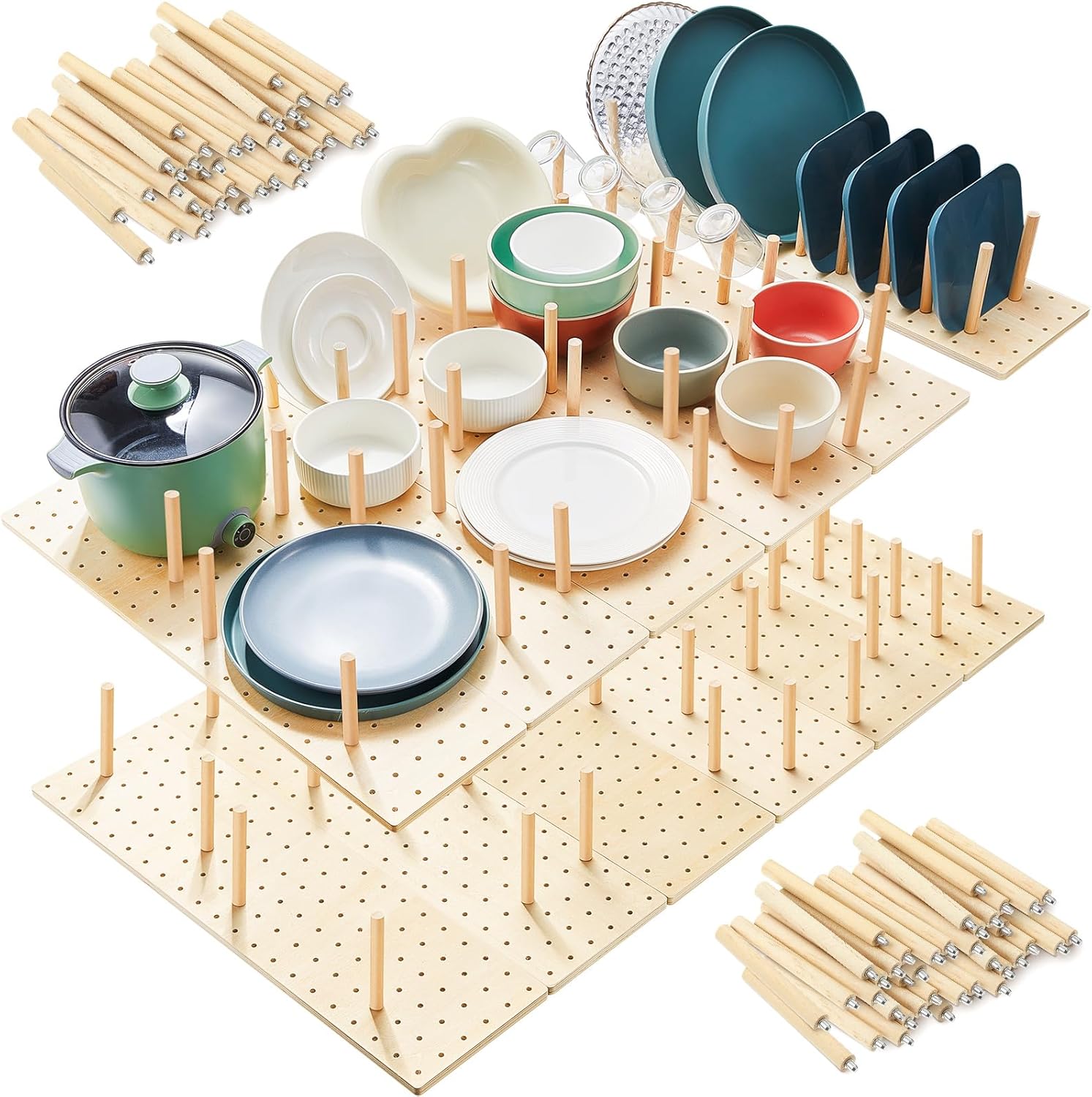 Kigley Organizador de cajones de tablero de clavijas de 12 piezas con 96 piezas de clavijas de madera, organizador de platos de cajones de cocina de
