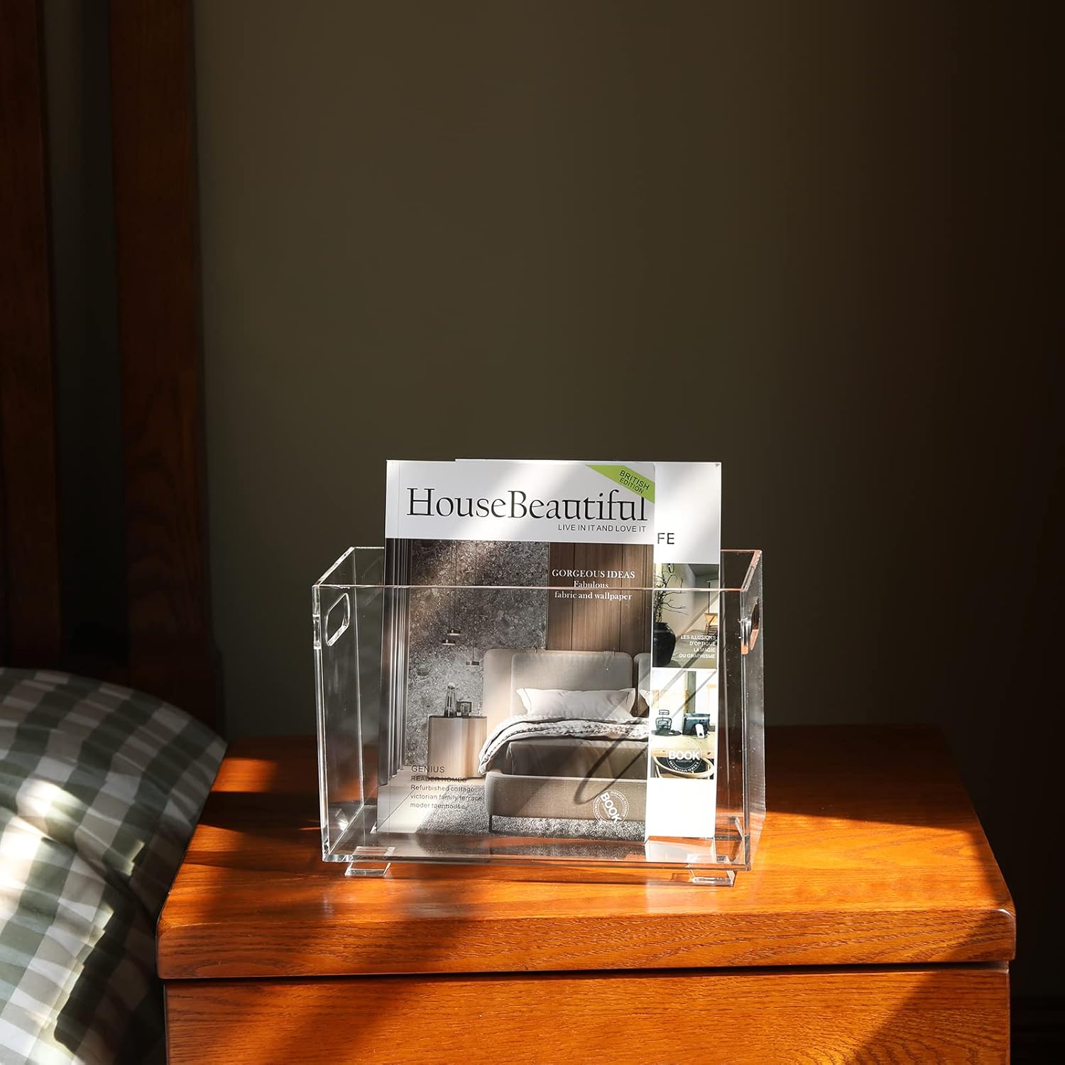 Revistero acrílico transparente, estante para revisteros que ahorra espacio, cesta para libros, organizador de almacenamiento para sala de estar,
