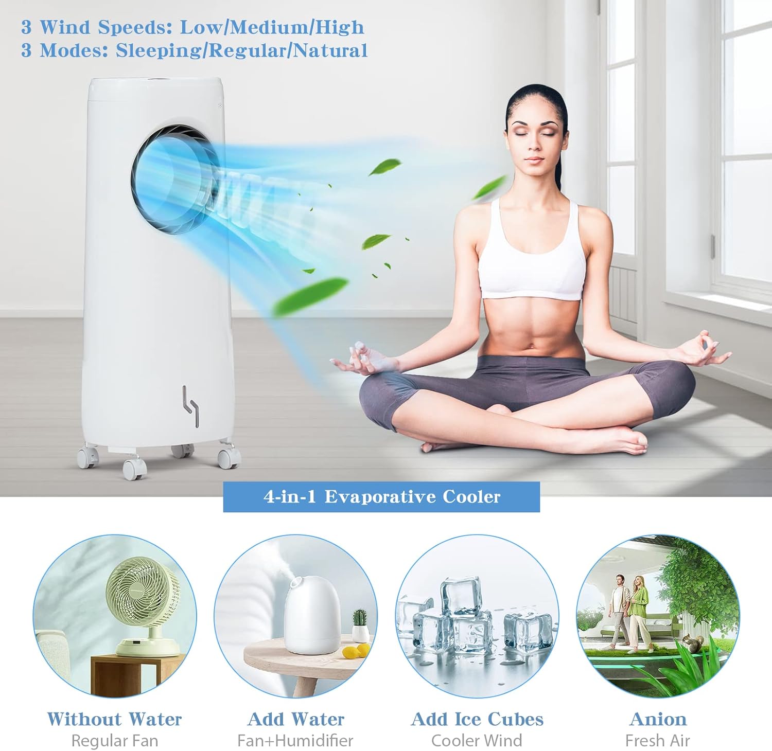 Enfriador de aire evaporativo, aire acondicionado portátil, enfriamiento instantáneo y humidificación con temporizador de 7.5 horas, 3 velocidades y