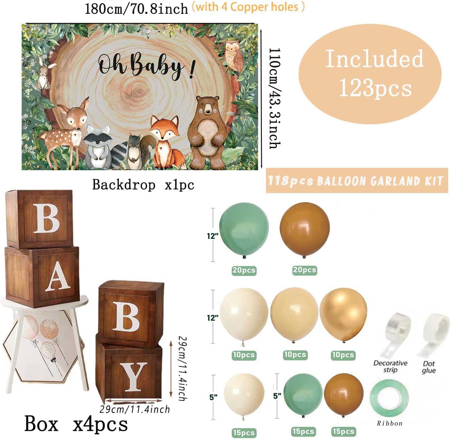 Decoración de baby shower de bosque, 1 telón de fondo de animales del bosque, 4 piezas, caja de grano de madera con letra de bebé, 115 piezas, verde