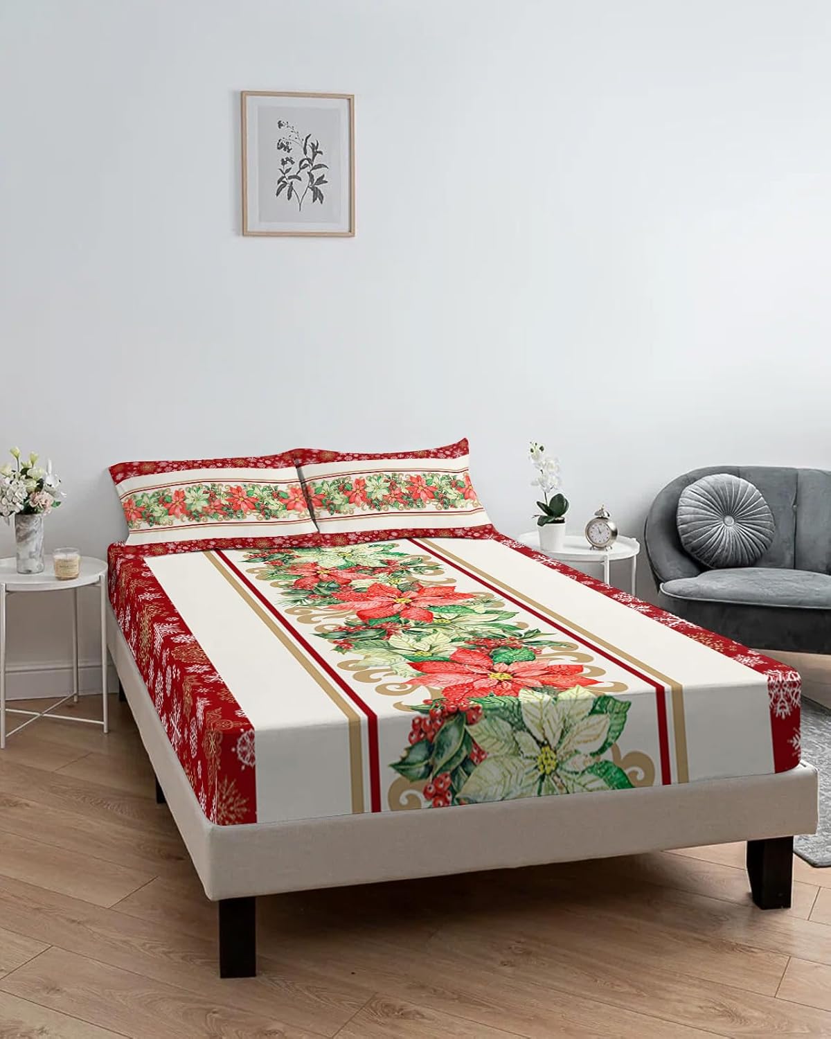 Christmas Winter Poinsettia Flower Fitted Bed Sheets California King Size Fit 5-16inch Deep Pockets,Bottom Sheet Bedding Set with Pillow Case,White