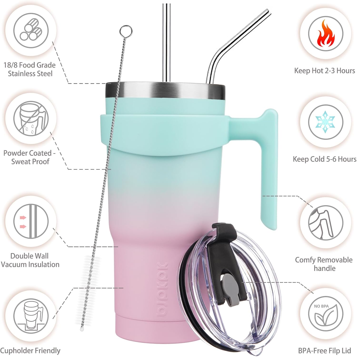 BJPKPK Vaso de 20 onzas con asa, de acero inoxidable, con tapa y pajilla, para mujeres y hombres, goma de mascar