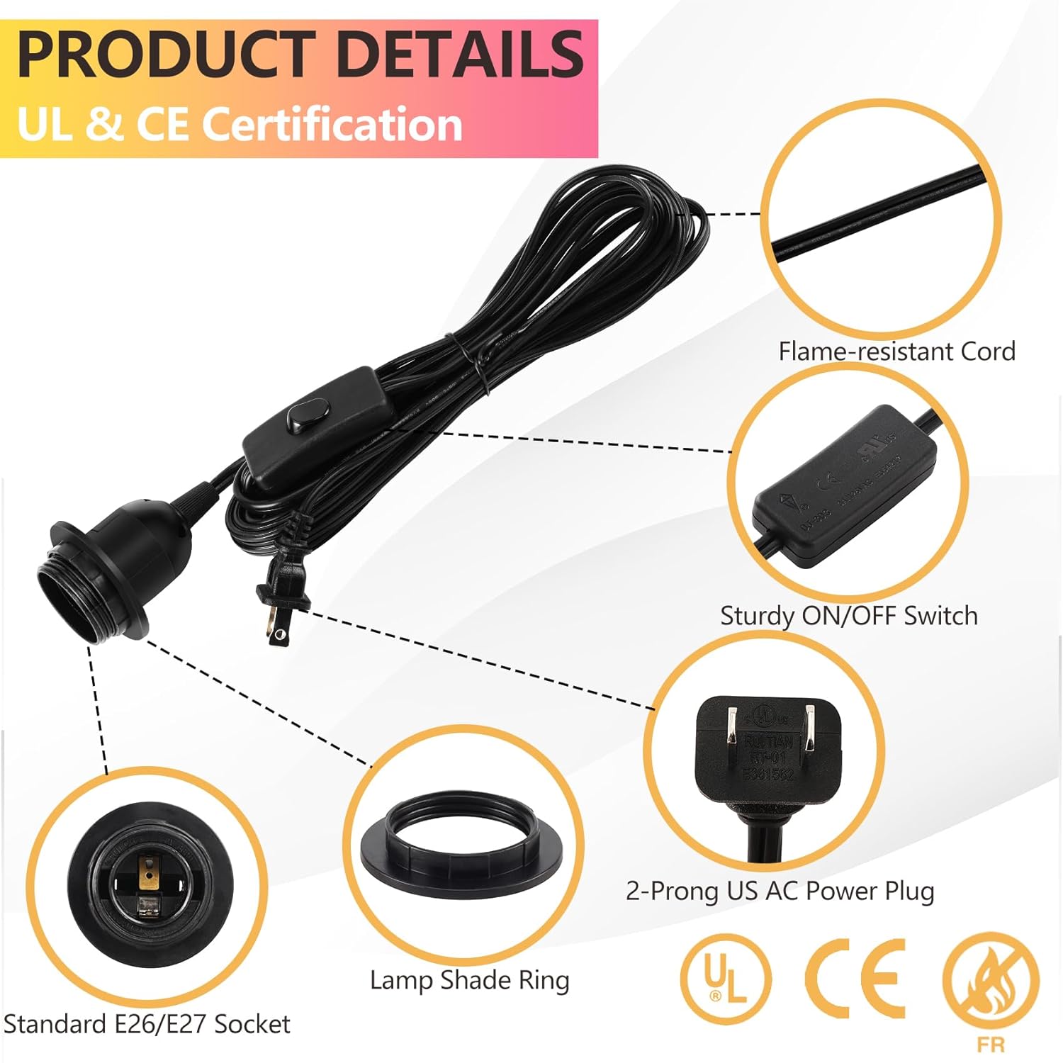 AdiyZ Cable de luz colgante  Bombilla colgante de 15 pies con cable de enchufe  Paquete de 2 cables de lámpara E26 con cable de extensión negro,