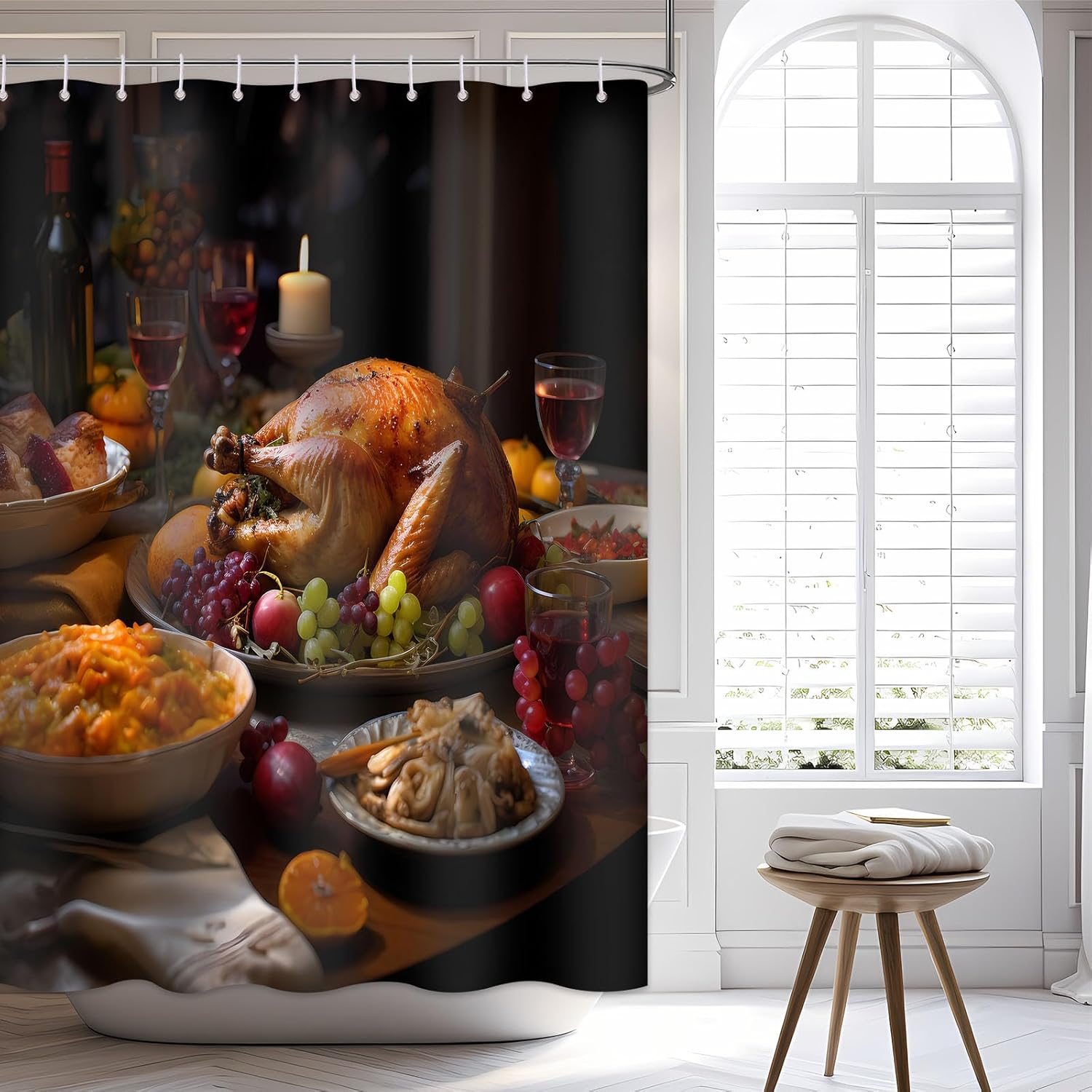 Cortina de ducha con texto en inglés “Merry Christmas” para baño, mesa de comedor, juego de cortinas de ducha de Navidad de pavo, impermeable, de