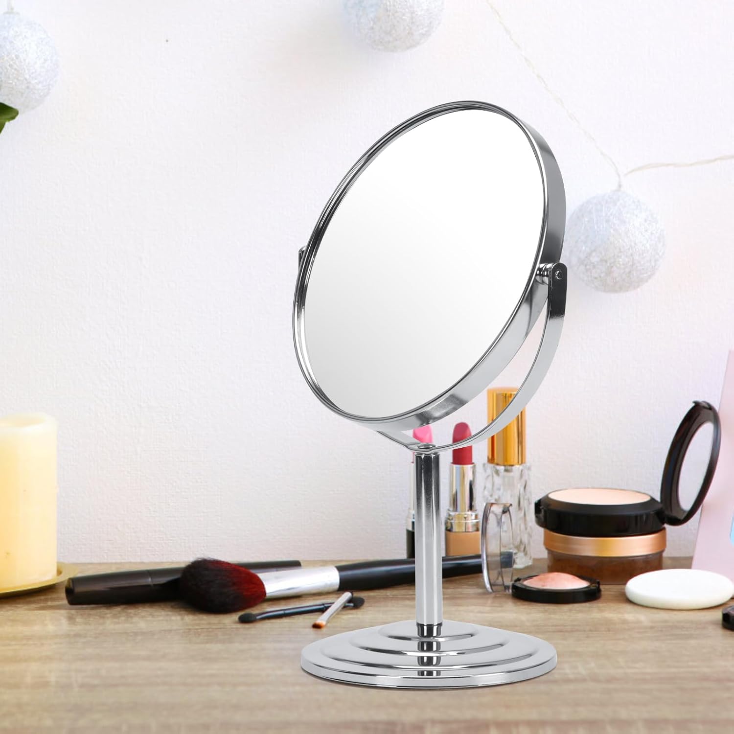 Wtrgas 1 espejo de maquillaje con aumento 3X para mesa, espejo de tocador plateado de 7 pulgadas, espejo cosmético de baño portátil de doble cara
