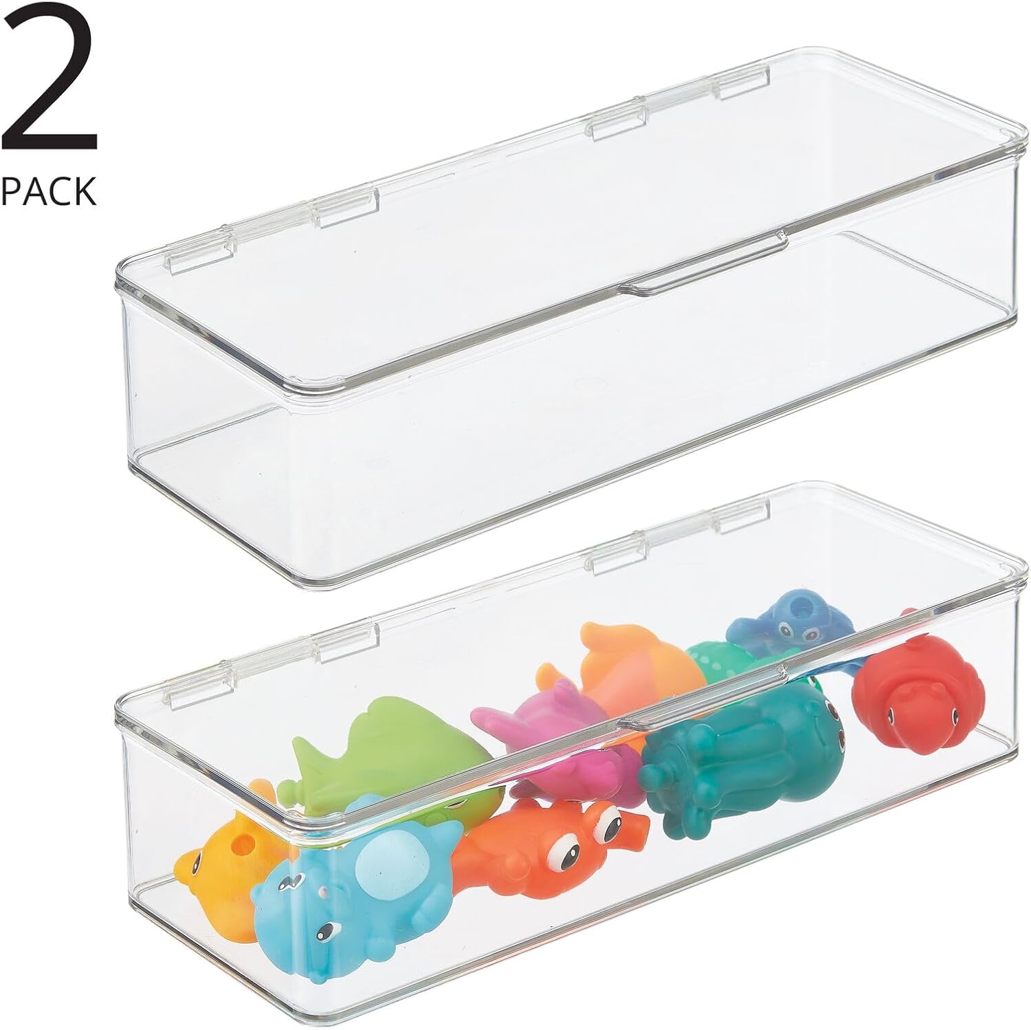 mDesign Contenedor organizador largo de plástico con tapa con bisagras, capacidad para juguetes pequeños, bloques de construcción, rompecabezas y