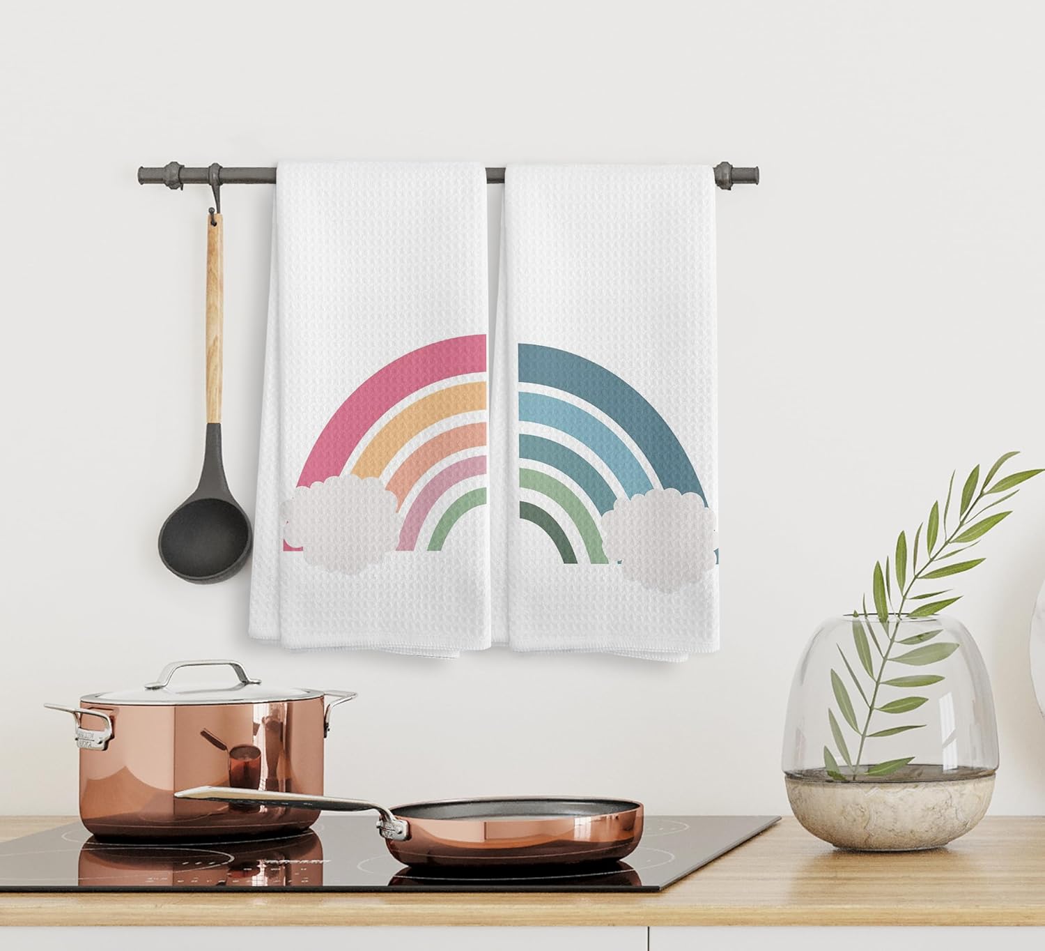 Juego de 2 paños de cocina y paños de cocina bohemios bohemios para cuarto de bebé, color rosa y azul, con estampado de nube arcoíris y azul,