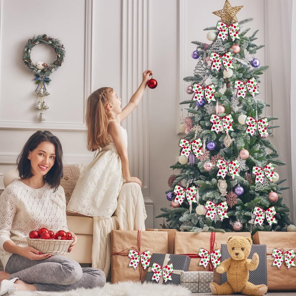 12 lazos de Navidad para decoración de 6.3 pulgadas, lazos grandes de corona de Navidad, lazos de árbol de Navidad rojo y verde, lazos de punto con