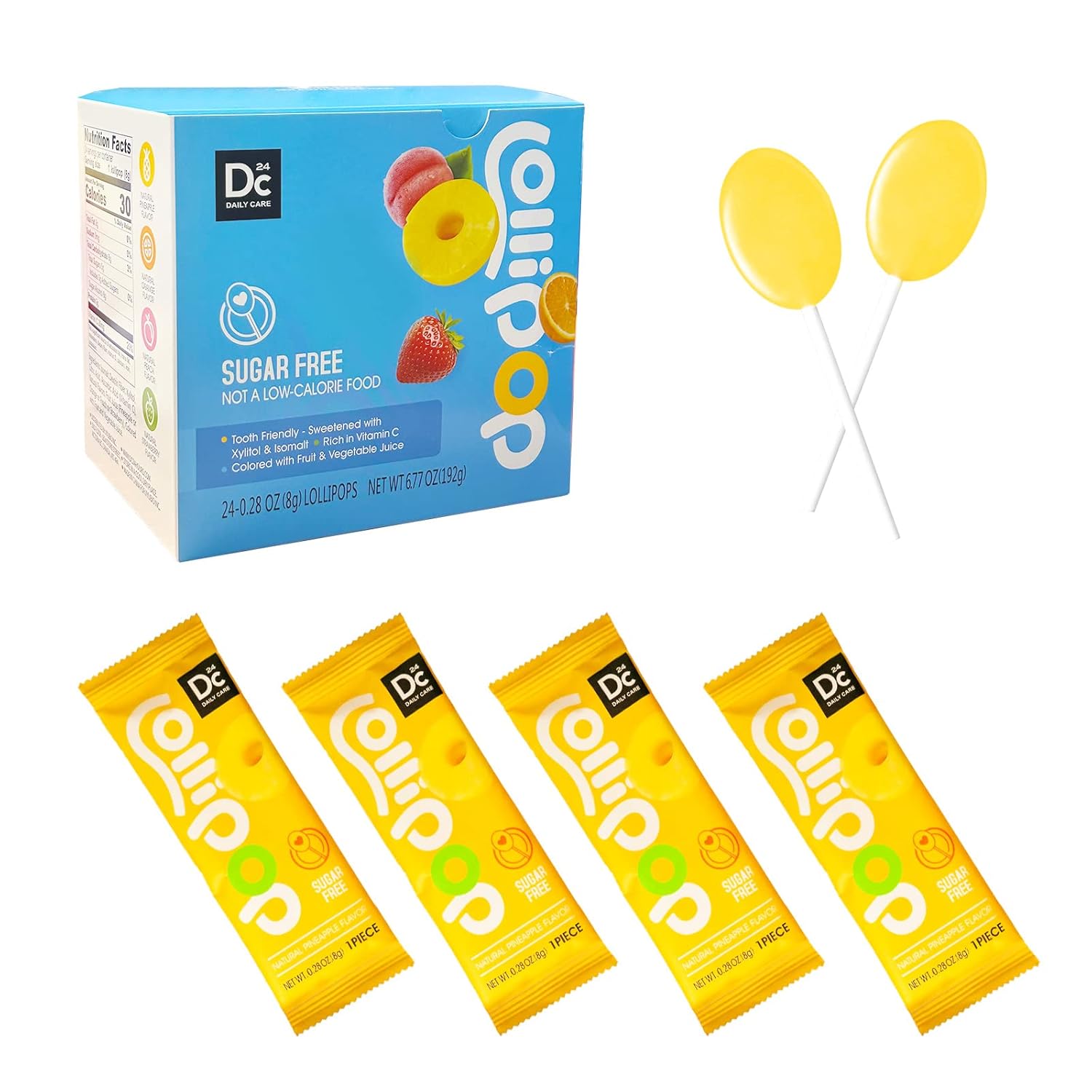 DC24 DAILY CARE Paletas sin azúcar con vitamina C, chupones saludables con xilitol, caramelo duro con sabor a fruta para niños, sin OMG, sin gluten,