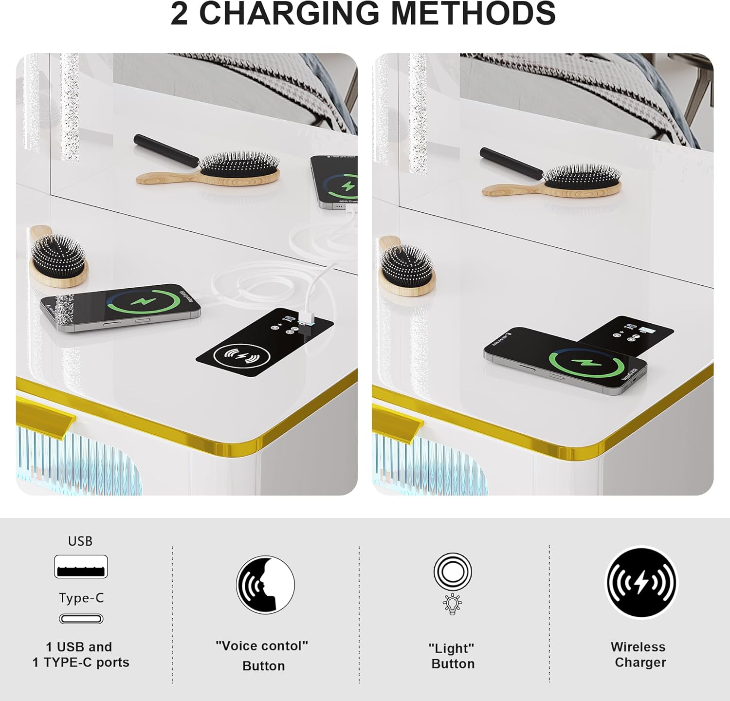 HNEBC Escritorio de tocador con espejo y luces, juego de tocador blanco con USB B & tipo C y carga inalámbrica, tocador de maquillaje con