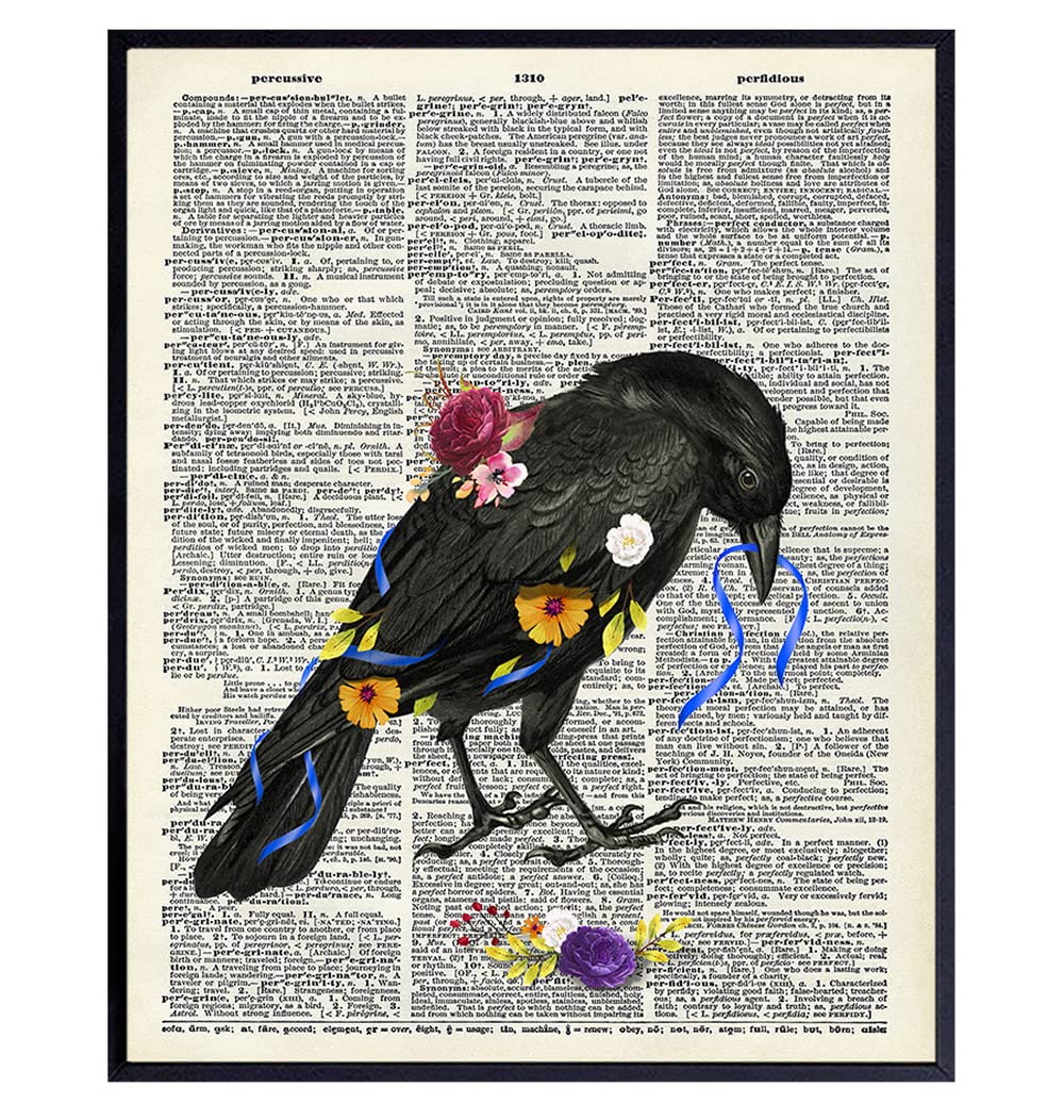 Floral Black Raven Wall Art – Gothic Crow Home Decor – Gift for Edgar Allan Poe, Goth Fans, Women – Cool Medieval Decor Picture Print for Bedroom,