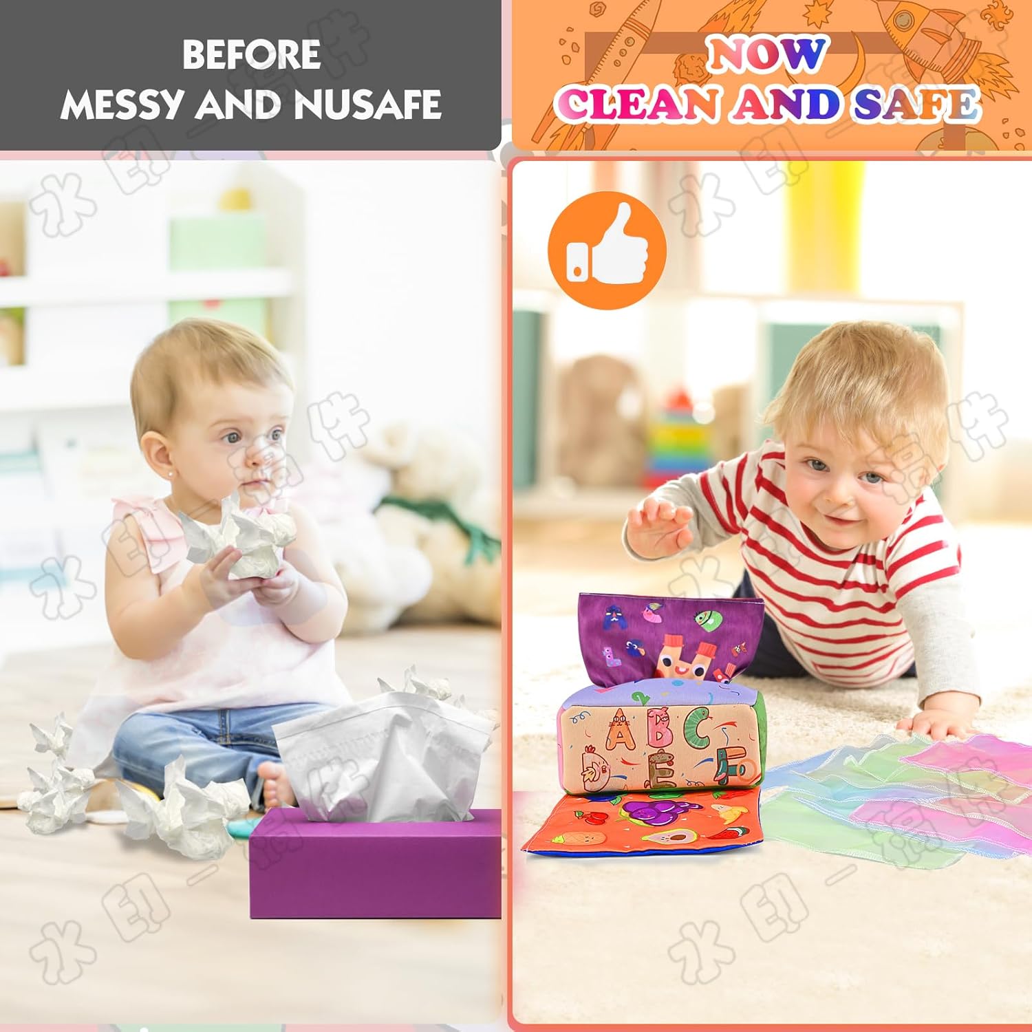 ANOOVV Caja de pañuelos para bebé, juguetes Montessori de 6 a 12 meses, juguetes Montessori para bebés, juguetes suaves de relleno de colores de