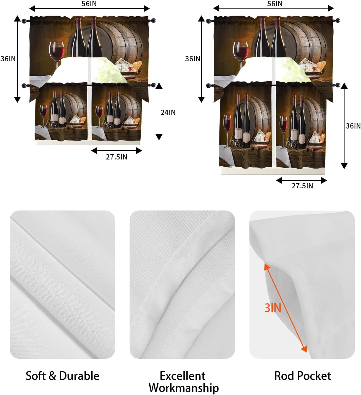 Swag Valances Window for Kitchen 3PCS, Red Wine Cups Wine Barrel Pole Pocket 1 Swag Valance and 2 Tiers Small Treatment Curtain Treatment Panel Set