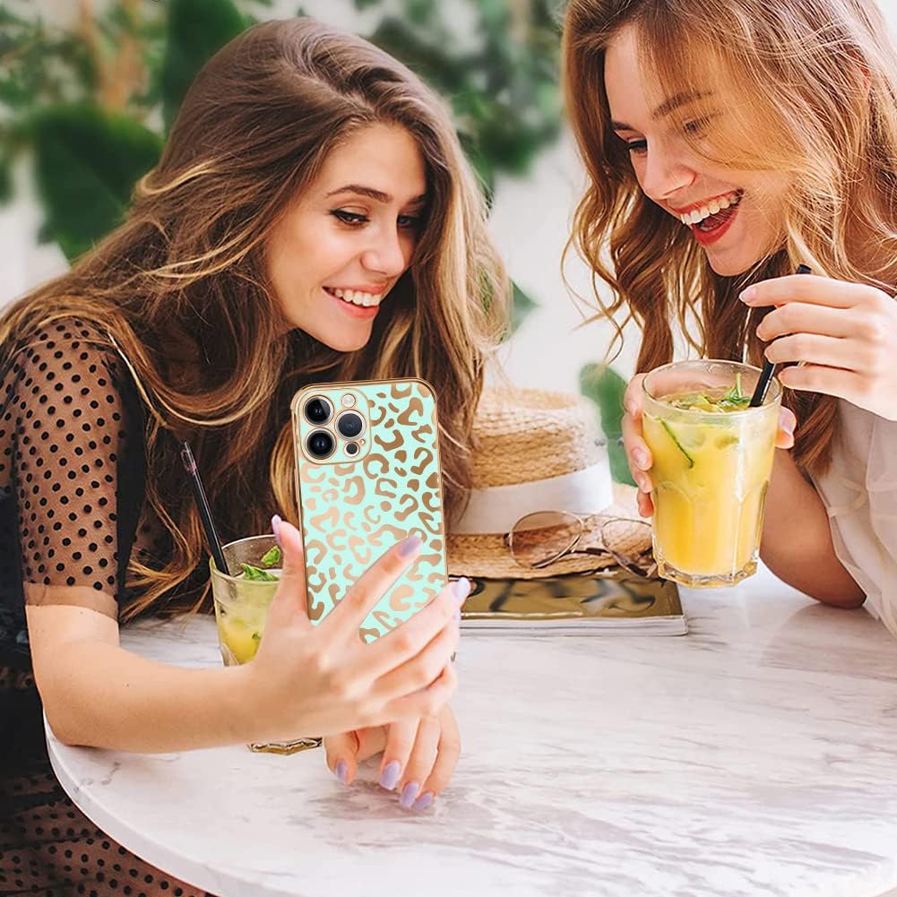Bonoma Funda compatible con iPhone 14 Pro Max con revestimiento de leopardo, bonita funda elegante de lujo, protector de cámara, TPU suave, a prueba