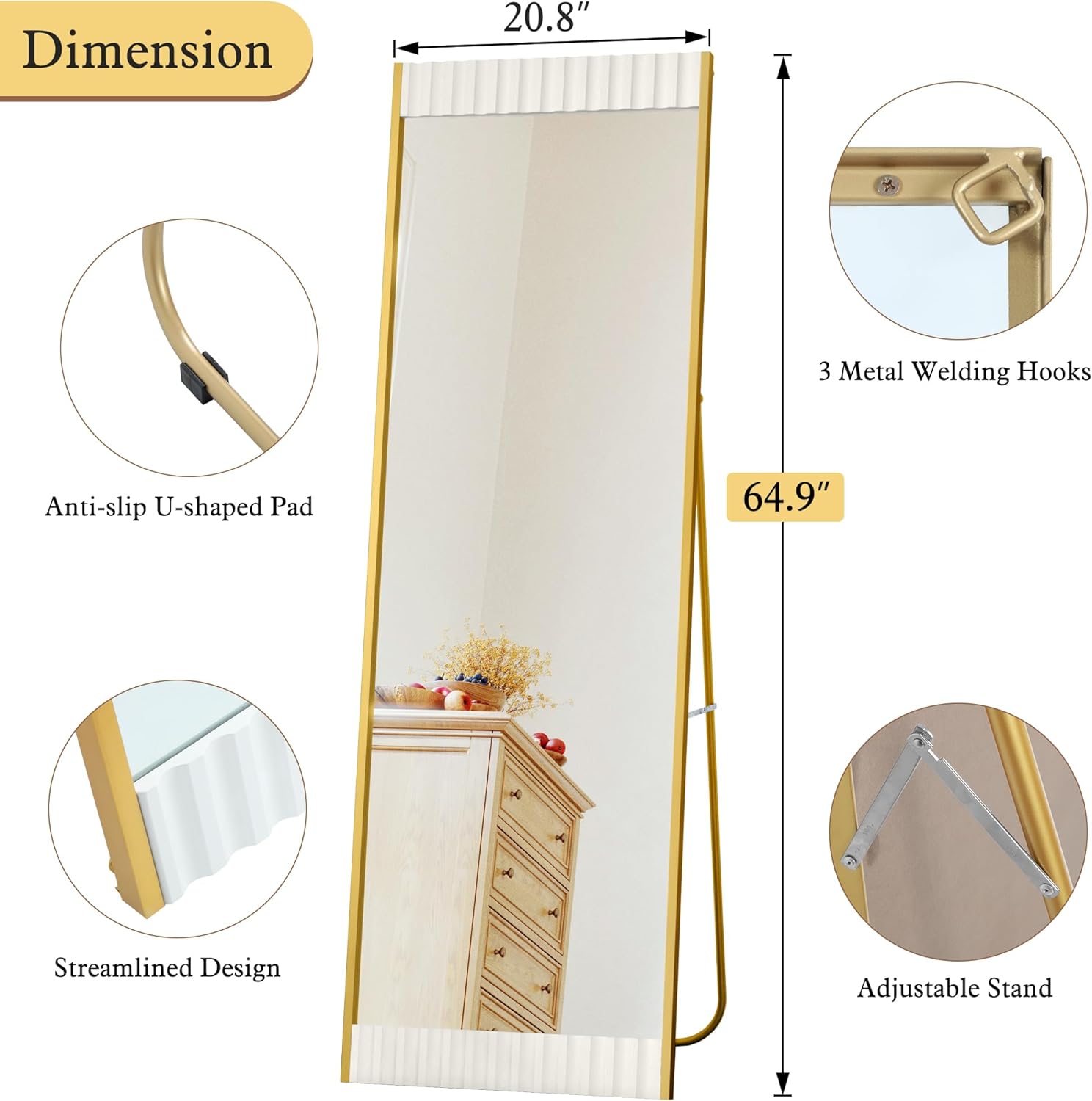 Espejo de longitud completa con soporte, espejo de piso de 64 x 21 pulgadas con marco de metal de madera para dormitorio, espejo moderno de cuerpo