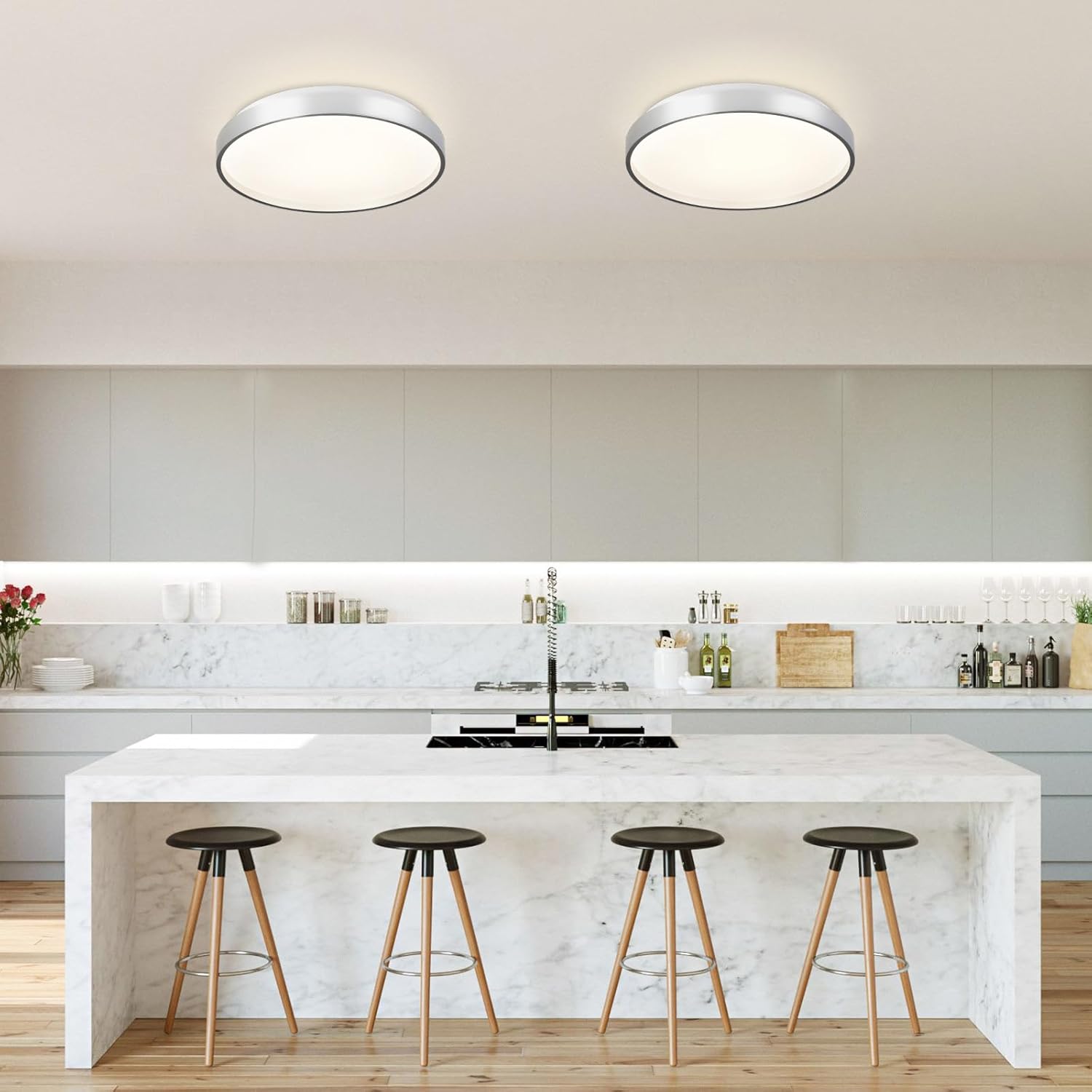 DLLT – Lámpara de techo LED moderna de 24 W, de 13 pulgadas, color plateado, de perfil bajo, luz redonda fina para cocina, dormitorio, sala de