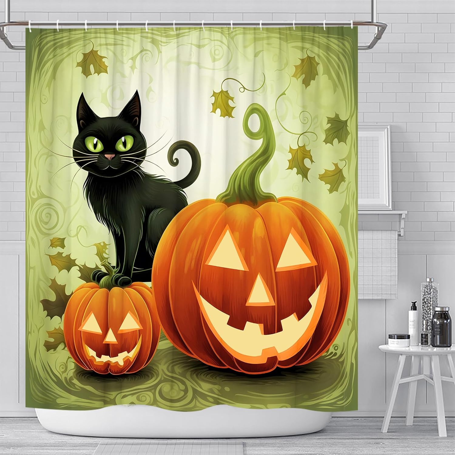 Cortinas de ducha de Halloween, diseño divertido de calabaza de dibujos animados naranja y gato negro, decoración de baño para niños, juego de