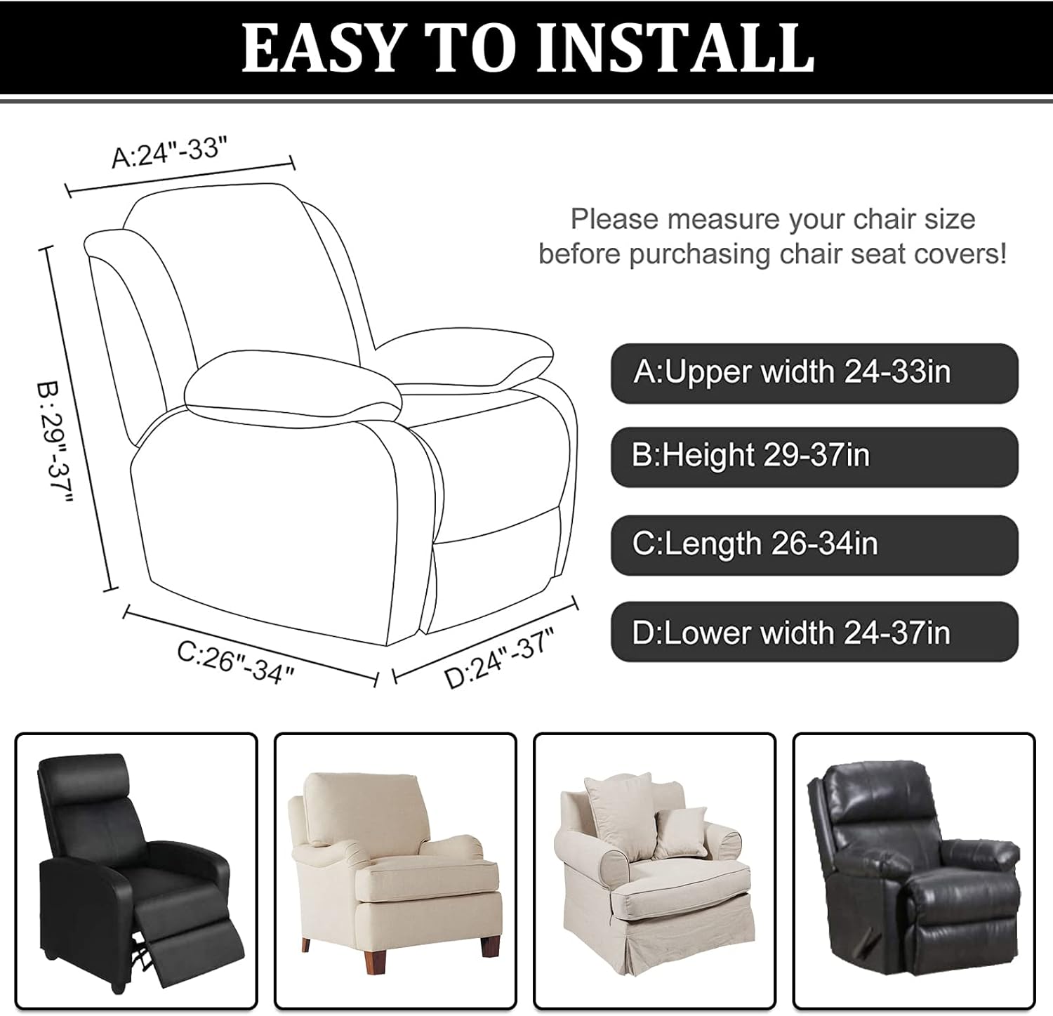 Fundas elásticas para sofá reclinable, 8 piezas, fundas para sillas reclinables grandes, fundas para sofá reclinable de 3 asientos, lavable,