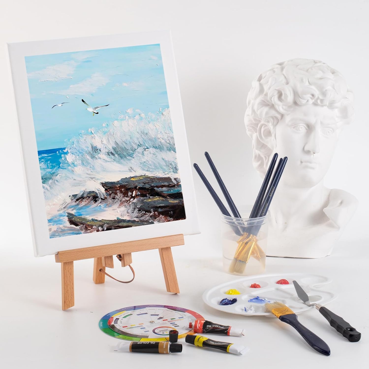 MERRIY Juego de pintura al óleo para artistas, kit de suministros de pintura premium con caballete de mesa, pinturas al óleo de 12 colores, lienzo