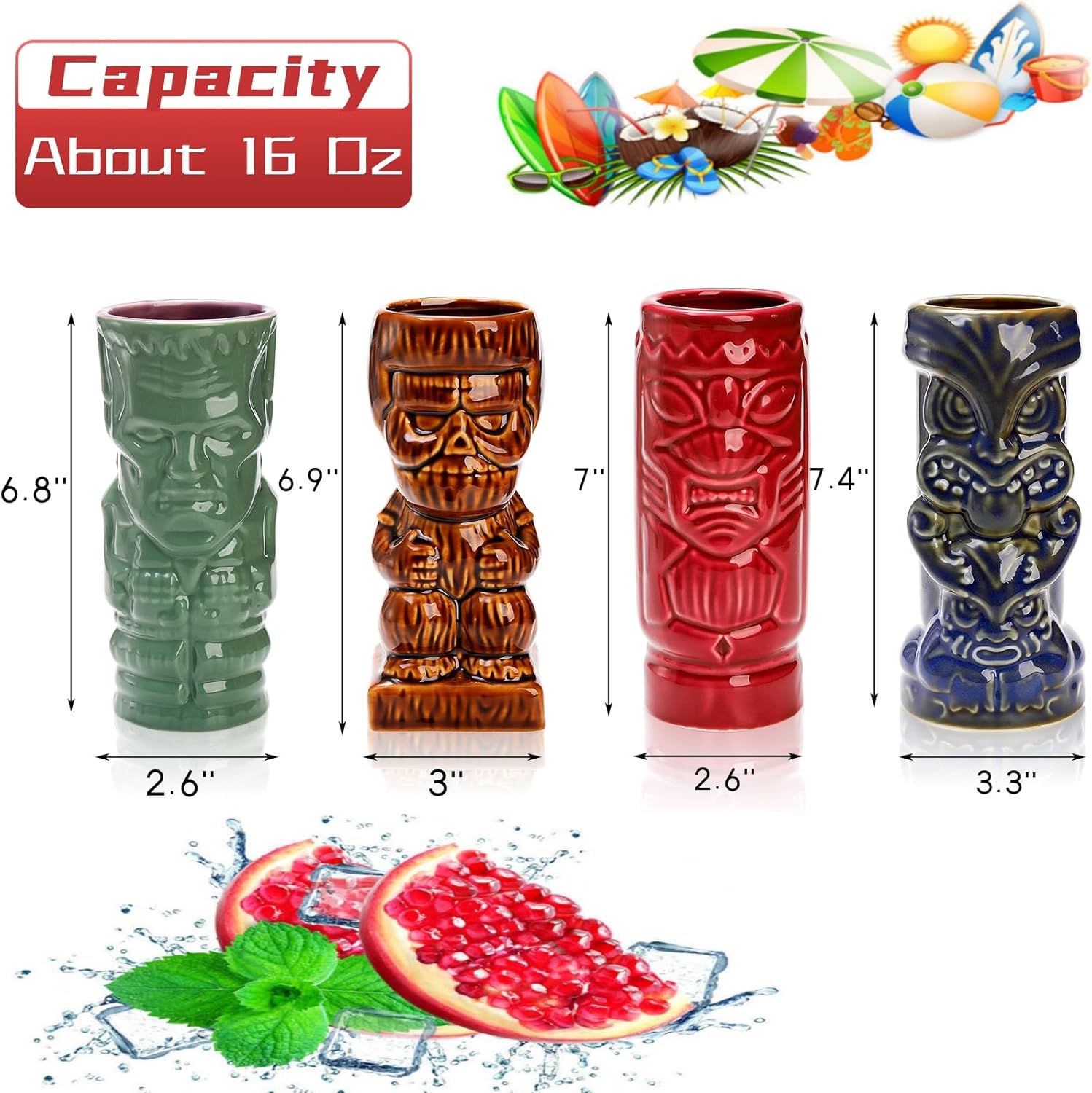 Juego de 4 vasos Tiki de cerámica, tazas Tiki grandes de 16 onzas para cócteles, tazas hawaianas vintage de Halloween, juego de utensilios para