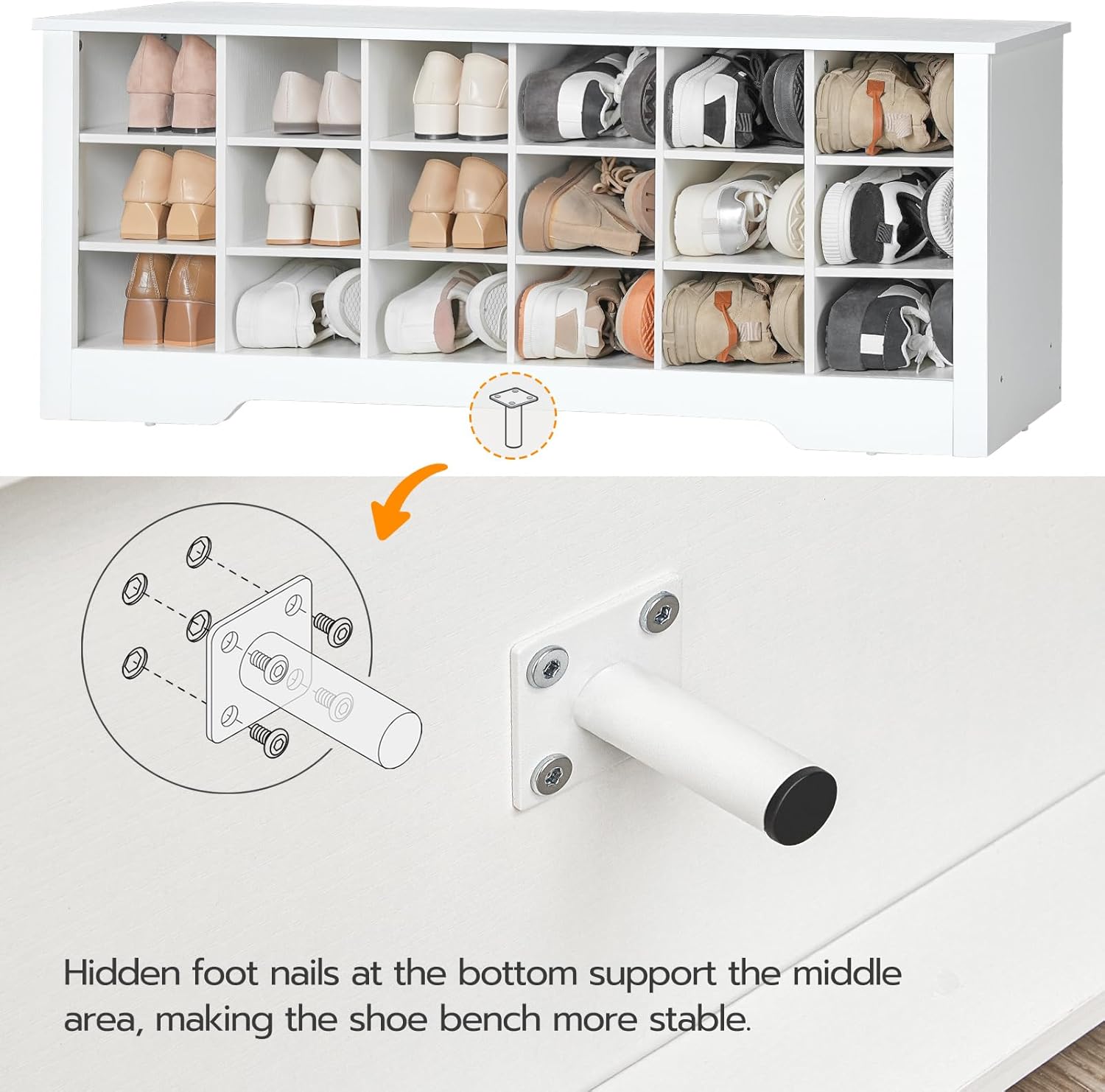 Banco de zapatos, banco de almacenamiento de zapatos de 18 cubículos, cubo multifuncional para zapatos, banco de entrada largo, estantes ajustables,