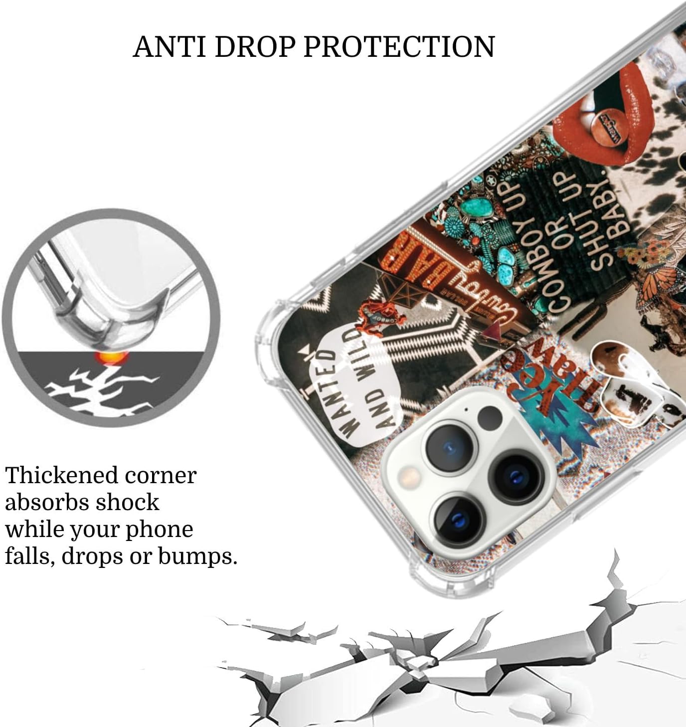 Funda de collage de vaquera occidental para iPhone 15 Pro Max, funda de TPU única de moda para iPhone 15 Pro Max, vaquera vaquera Howdy Western