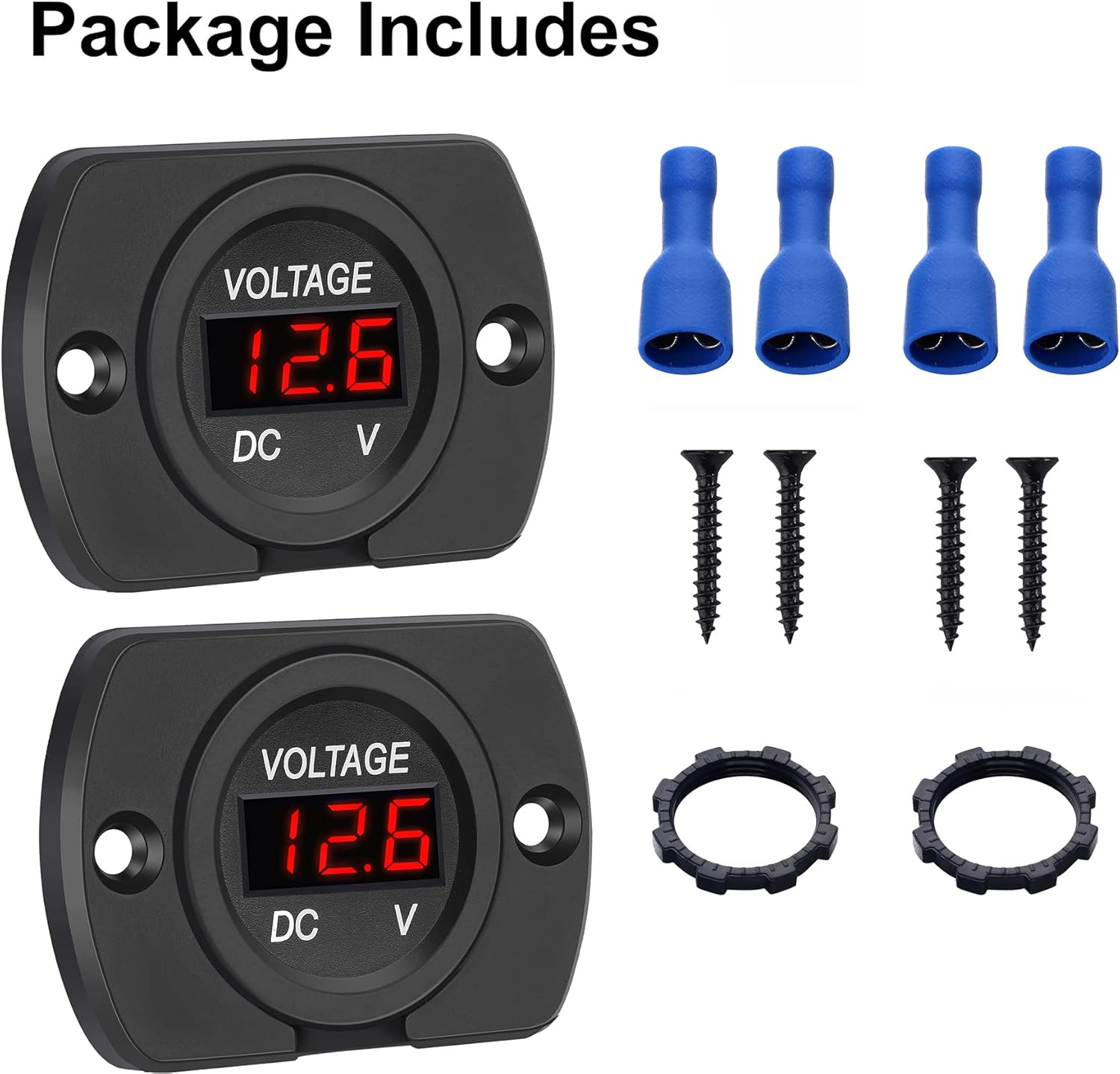 CrocSee Paquete de 2 voltímetros de automóvil CC de 12 V 24 V, impermeables, panel digital LED, medidor de voltaje redondo con terminales para